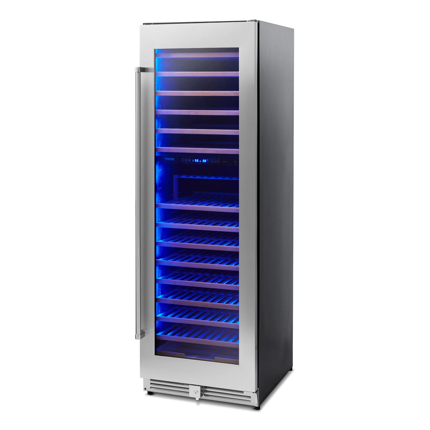 Stainless steel freestanding dual-zone wine cooler with glass door, lit shelves and pull handle
