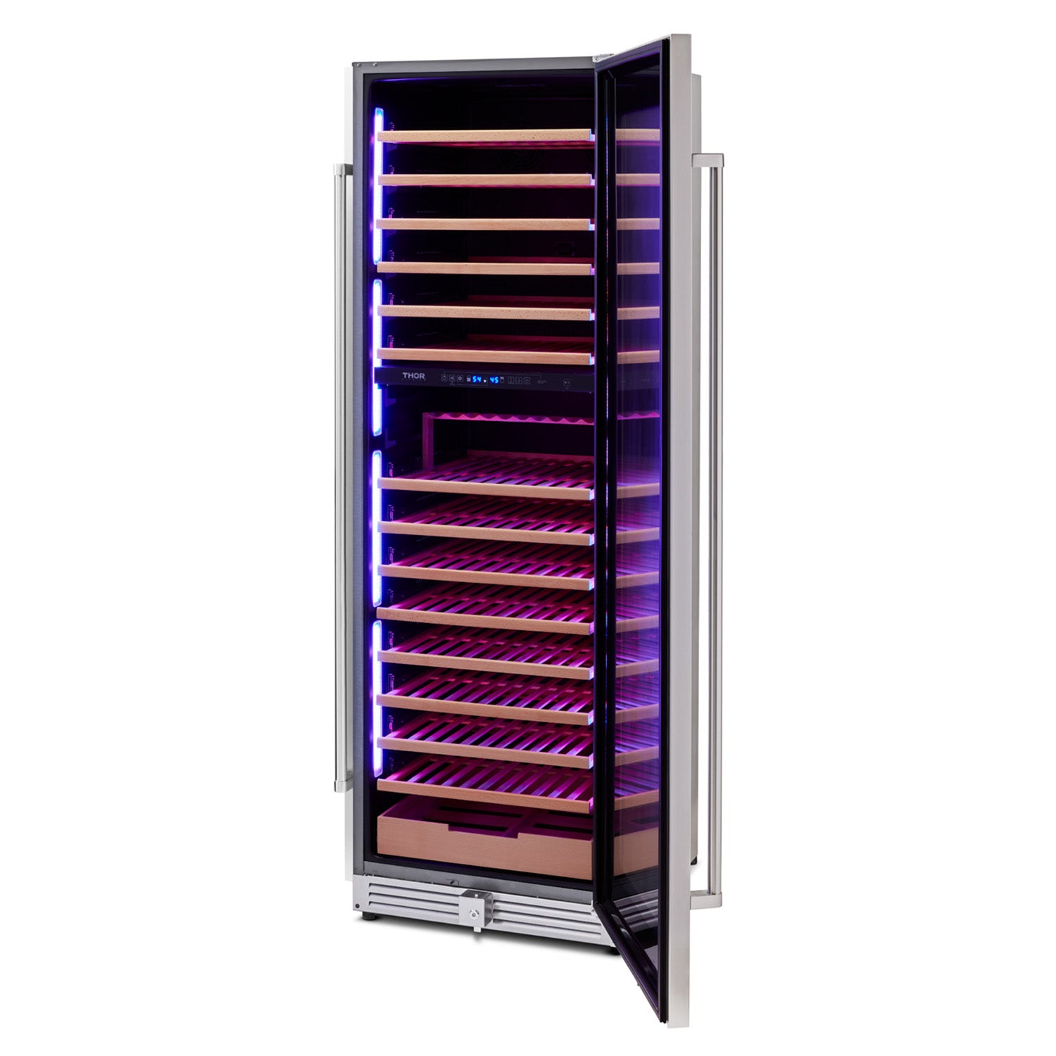 Freestanding stainless wine cooler with door open, wooden racks and blue interior LEDs