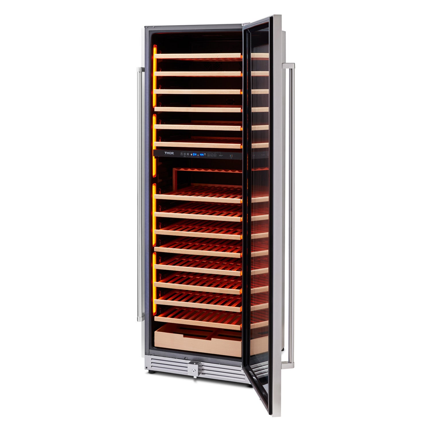 Freestanding stainless wine cooler with door open, wooden racks and orange-red interior LEDs