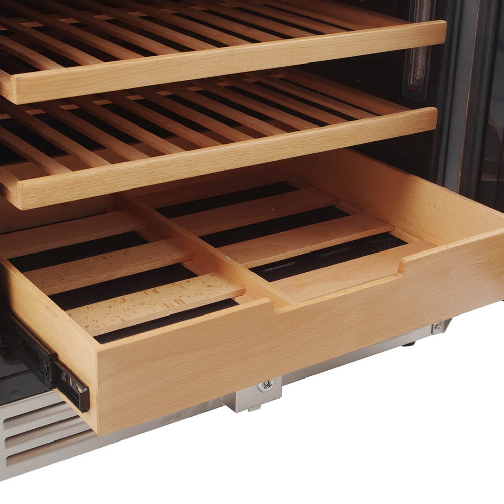 Close-up of wooden wine rack shelves inside a freestanding wine cooler
