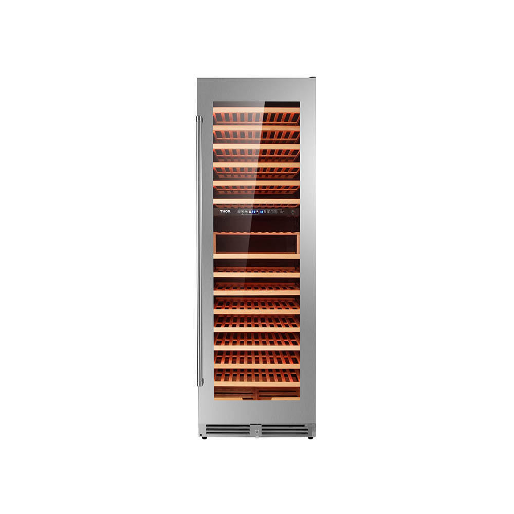 Freestanding wine cooler with glass door closed, internal wooden racks and warm red lighting