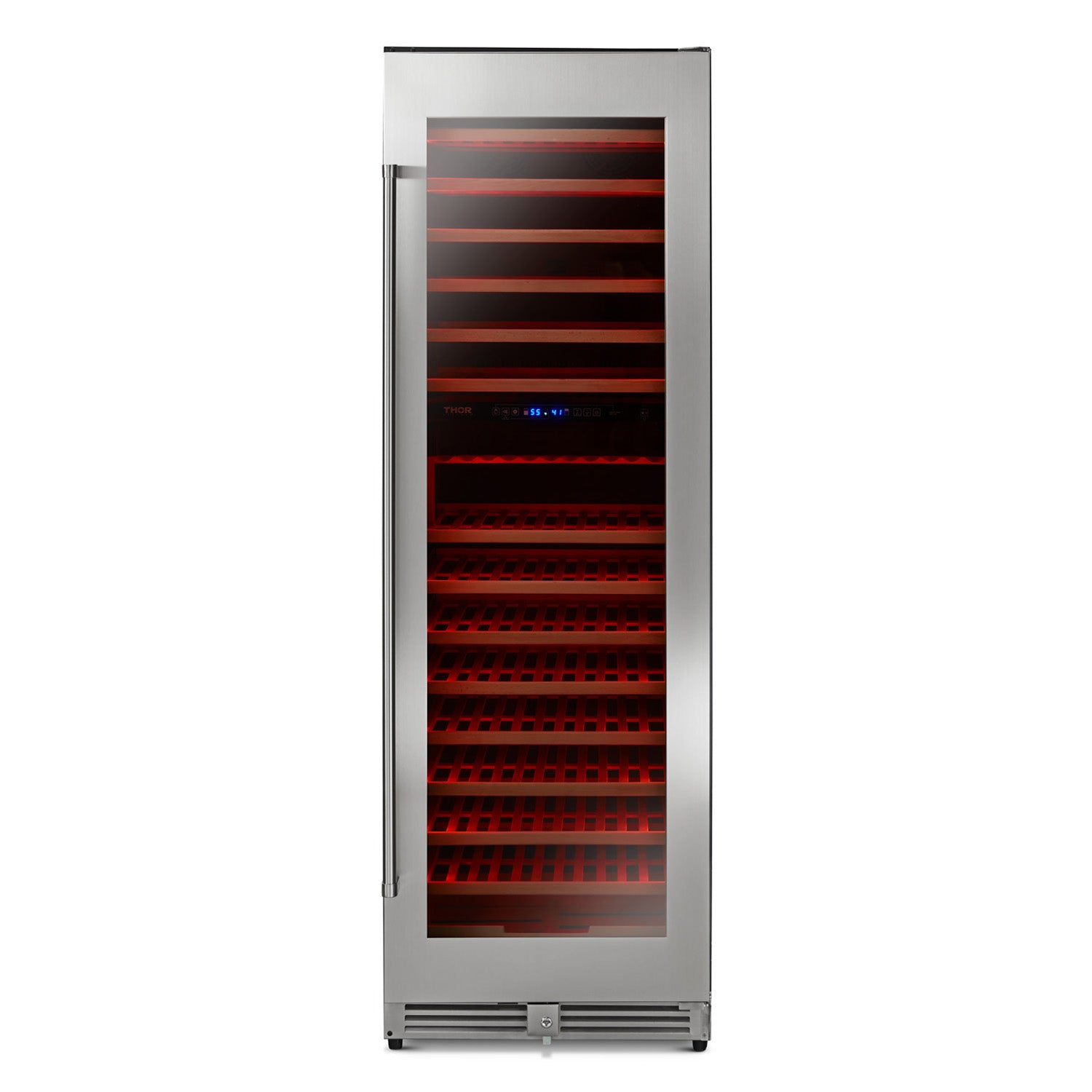 Freestanding stainless wine cooler with glass door closed, wooden racks and red interior light