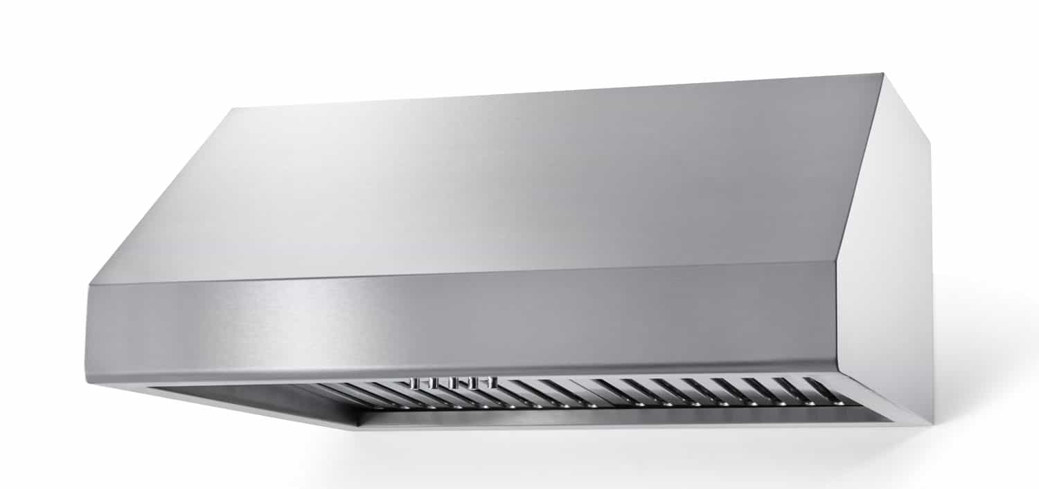 Stainless steel under-cabinet range hood with extended filter baffle