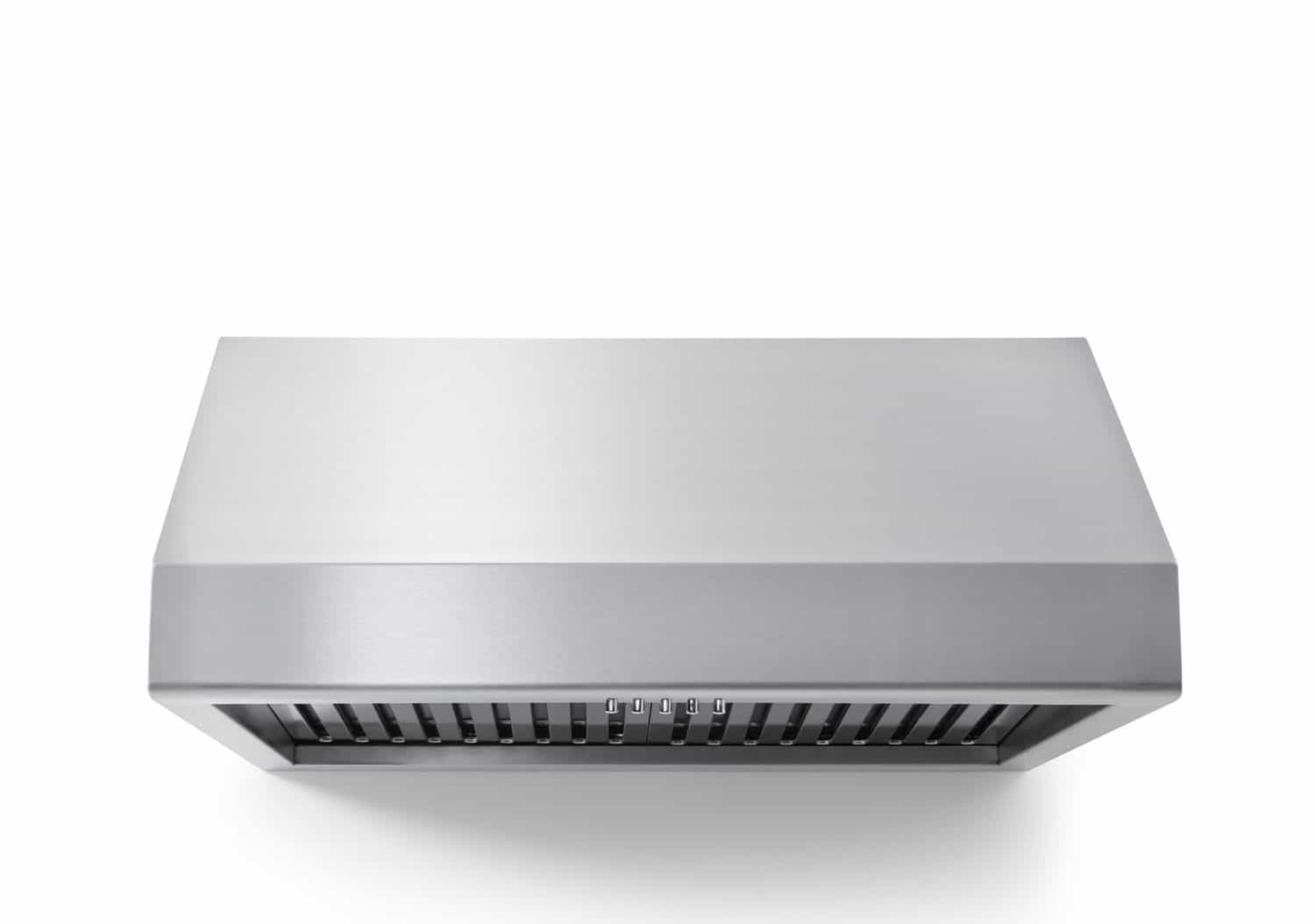 Stainless steel under-cabinet range hood with rectangular chimney and vent slats