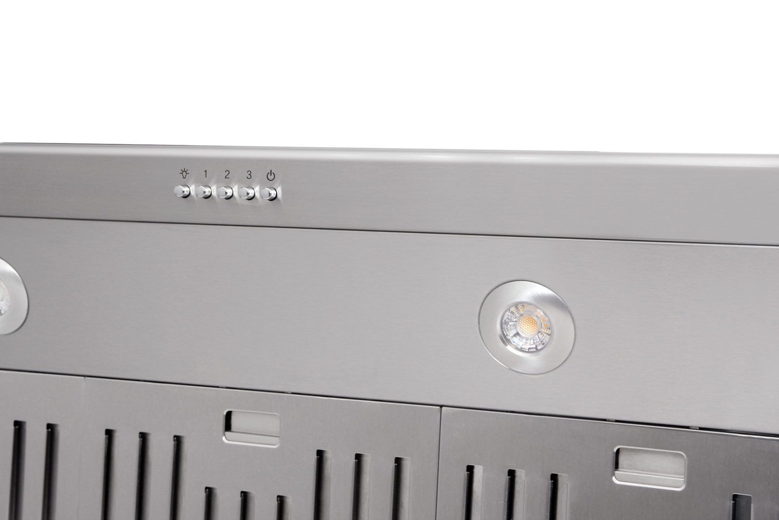 Stainless steel range control panel with circular indicator lights