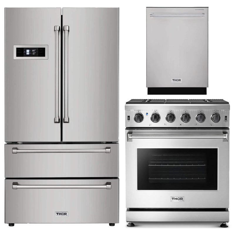 Thor Kitchen 3-Piece Appliance Package - 30" Gas Range, Dishwasher & Refrigerator in Stainless Steel Appliance Package Thor Kitchen 