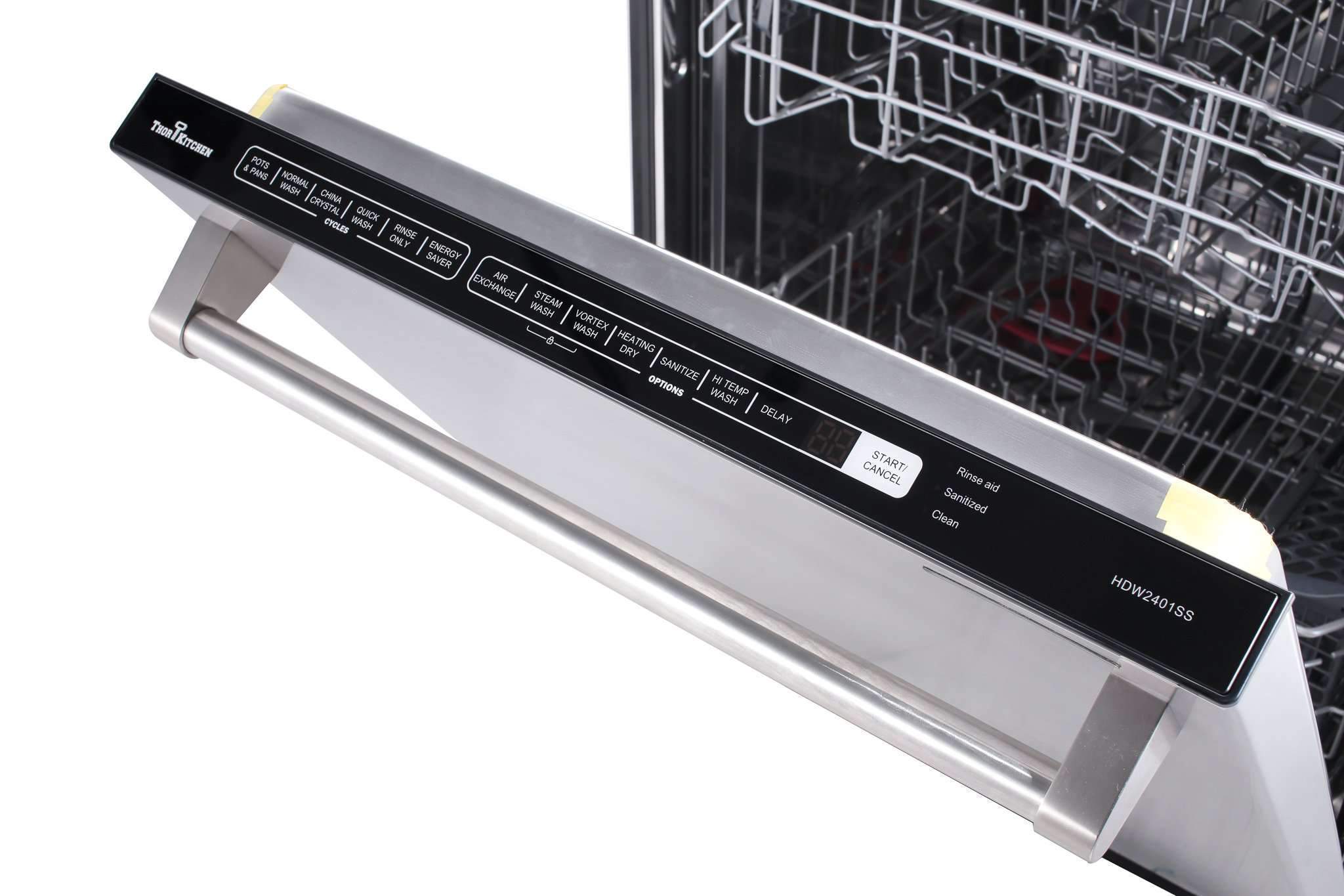 Stainless steel dishwasher control panel with digital display and button labels