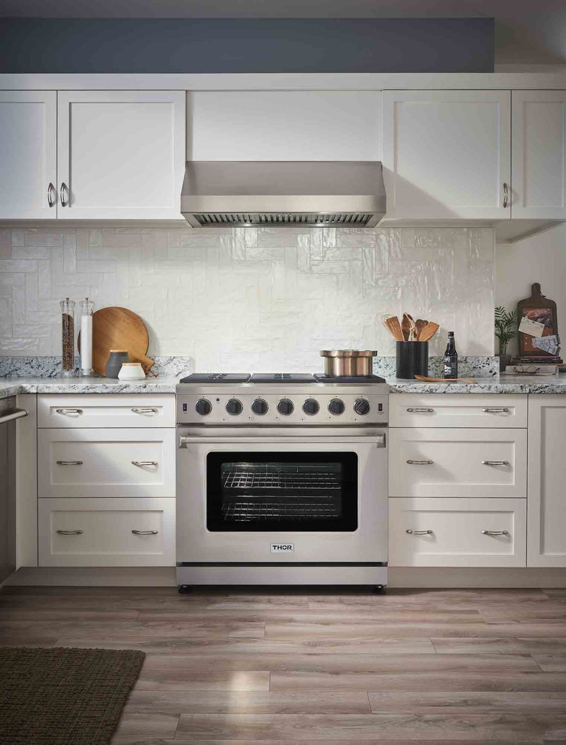 Thor Kitchen 36 in. Gas Range, Range Hood, Refrigerator & Dishwasher  Professional Appliance Package, AP-HRG3618U-3