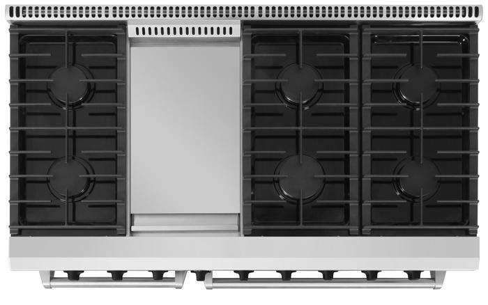 Front view of stainless gas range with black burner grates