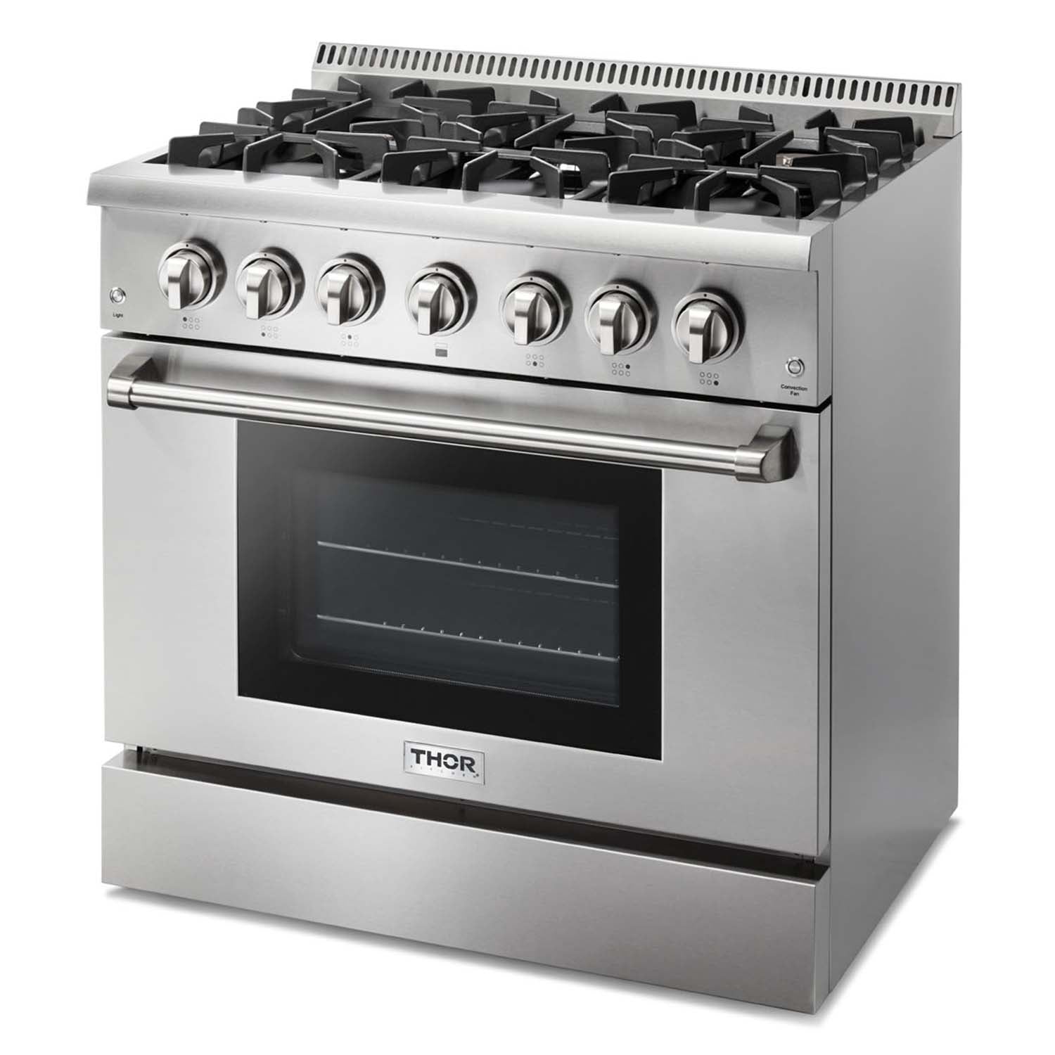 Stainless steel THOR dual-fuel gas range angled front view with control knobs