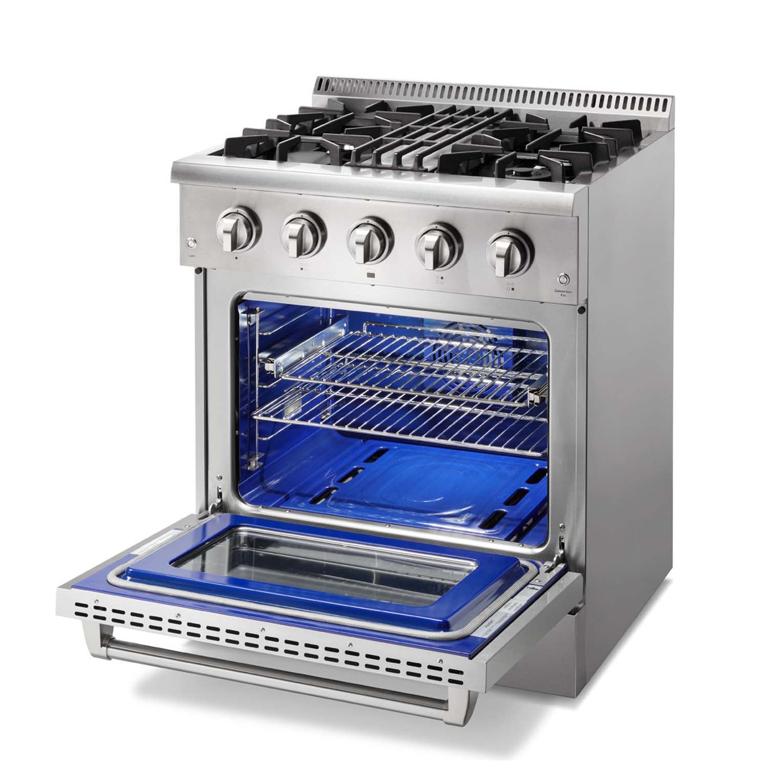 Stainless steel dual fuel range with oven door open and blue-lit interior baking racks