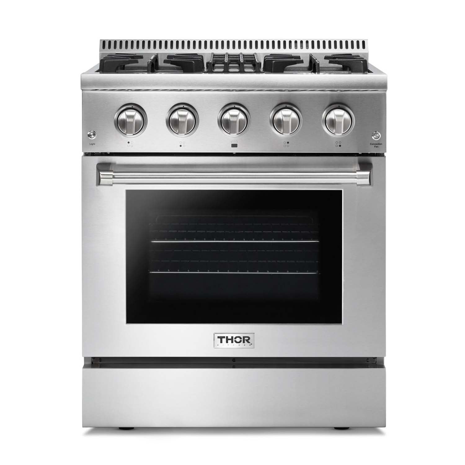 Stainless steel dual fuel range front with five control knobs and black oven window