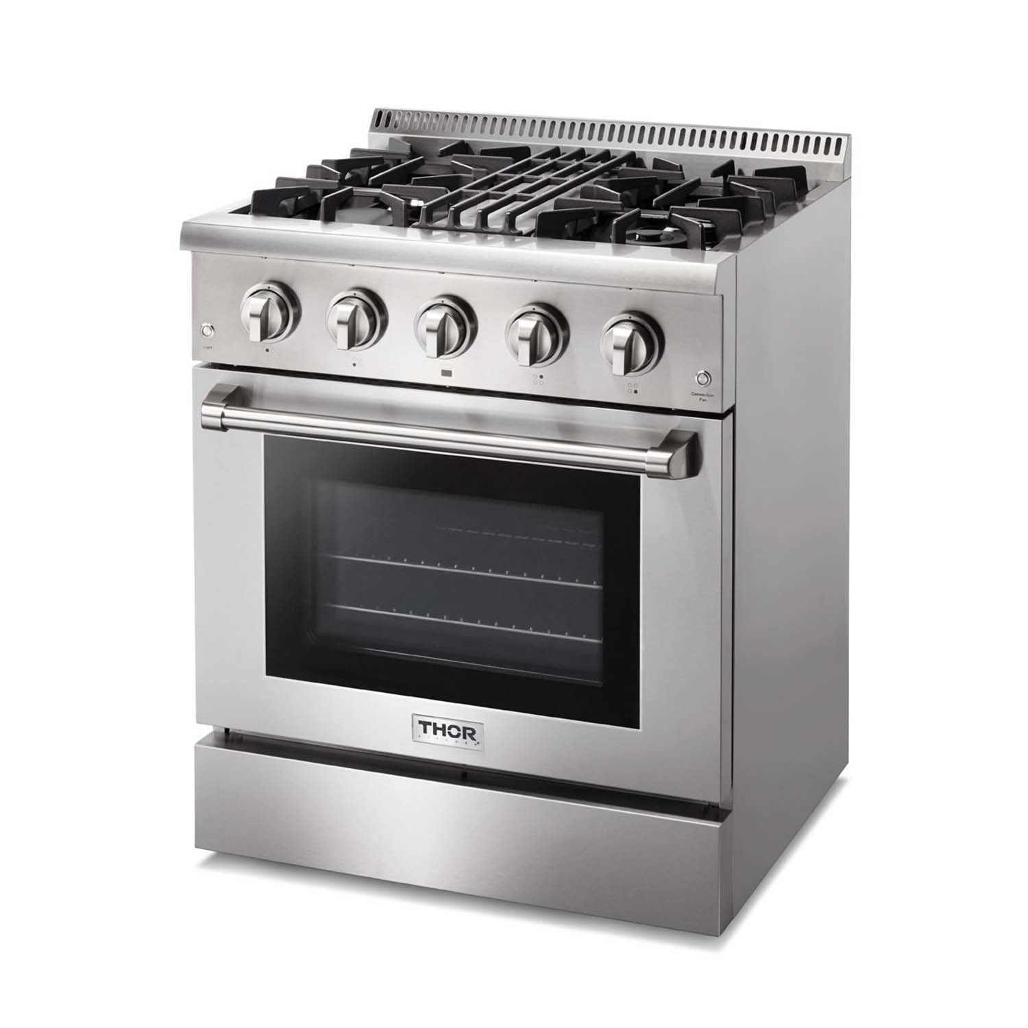 Stainless steel dual fuel range front view with oven door closed and gas burner grates