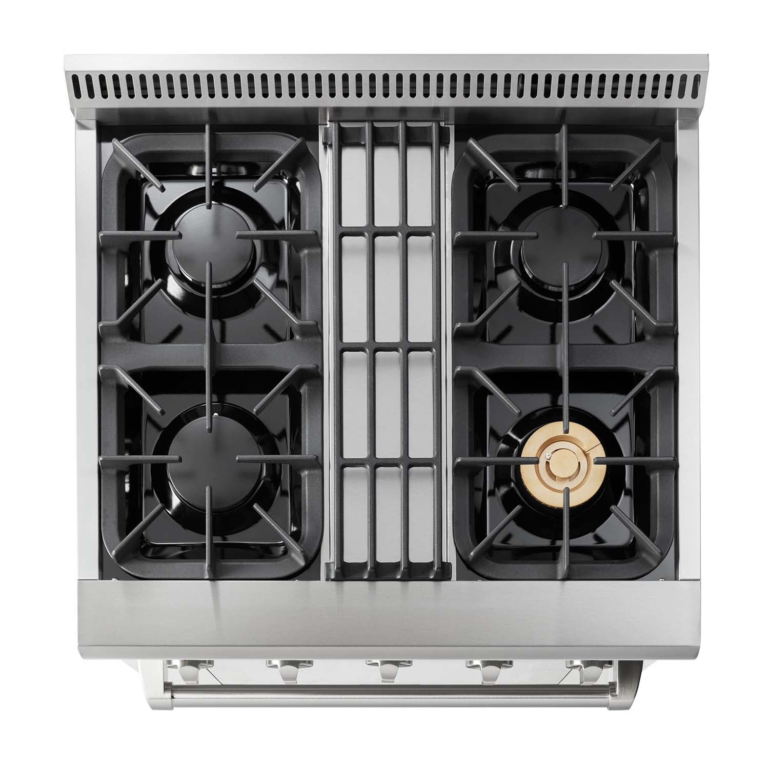 Stainless steel dual fuel range cooktop with four black gas burners and center grates