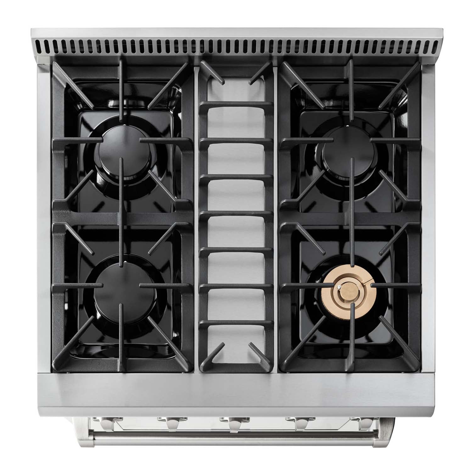Stainless steel gas range cooktop with four black burner grates and controls