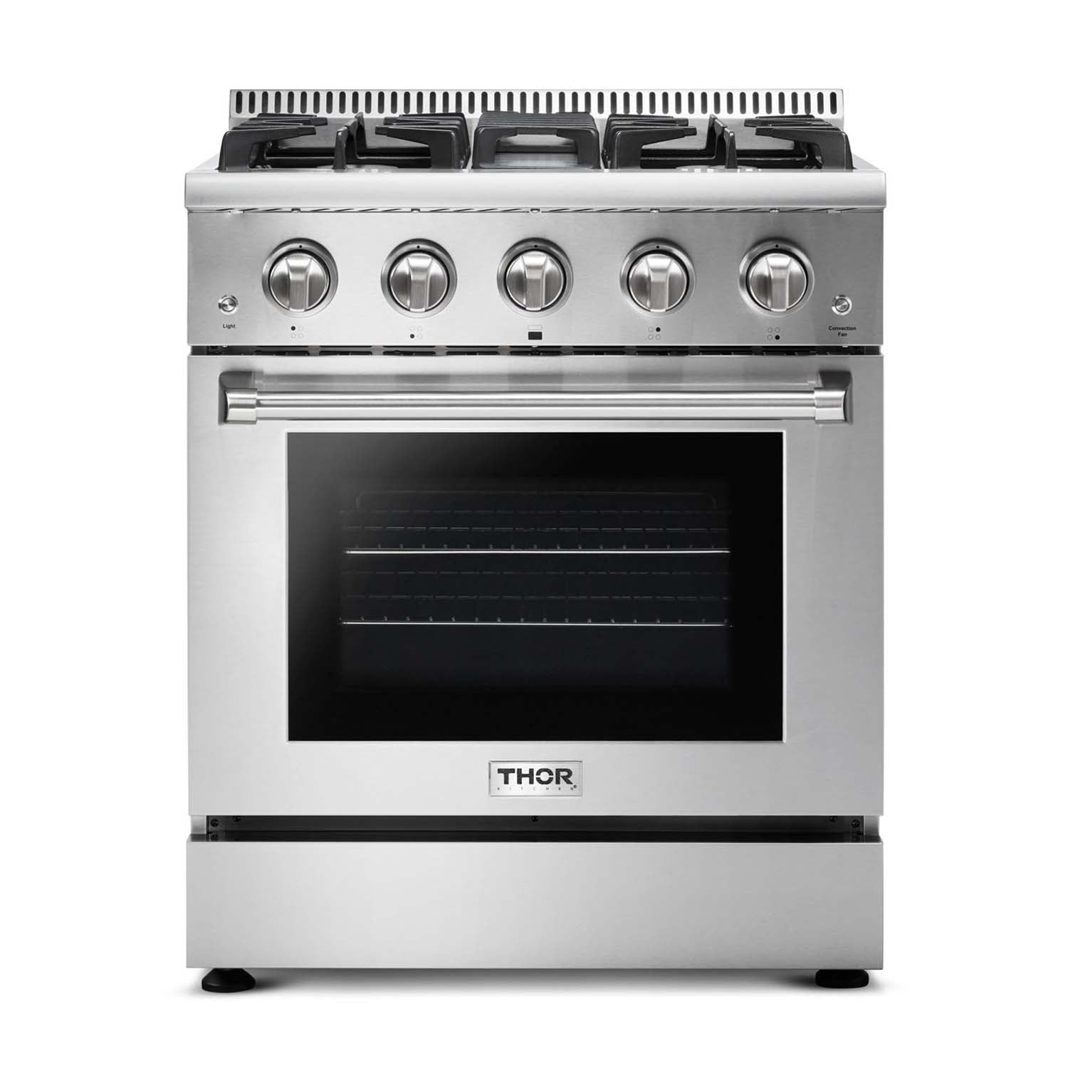 Stainless steel gas range front view with five control knobs and oven window