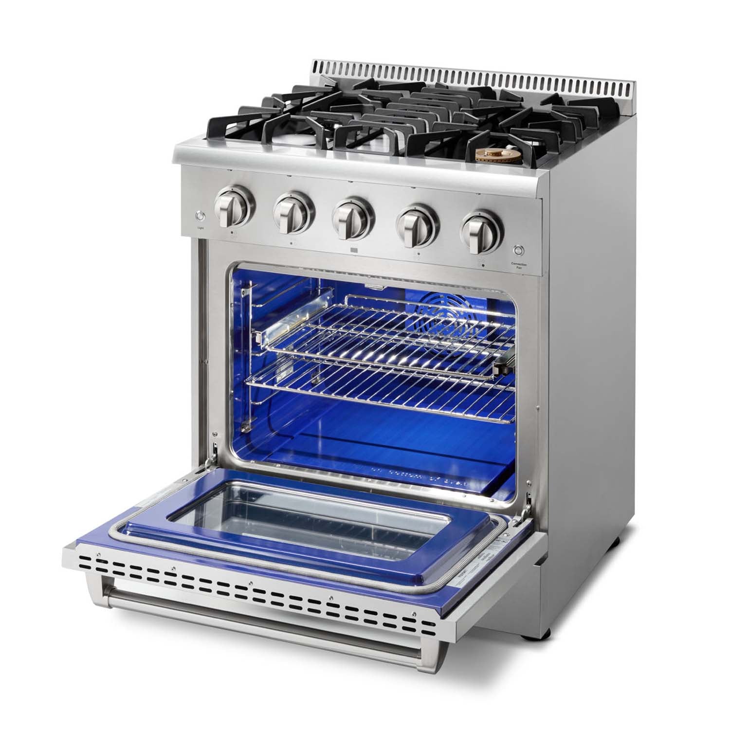 Stainless steel gas range with open oven door showing blue interior racks