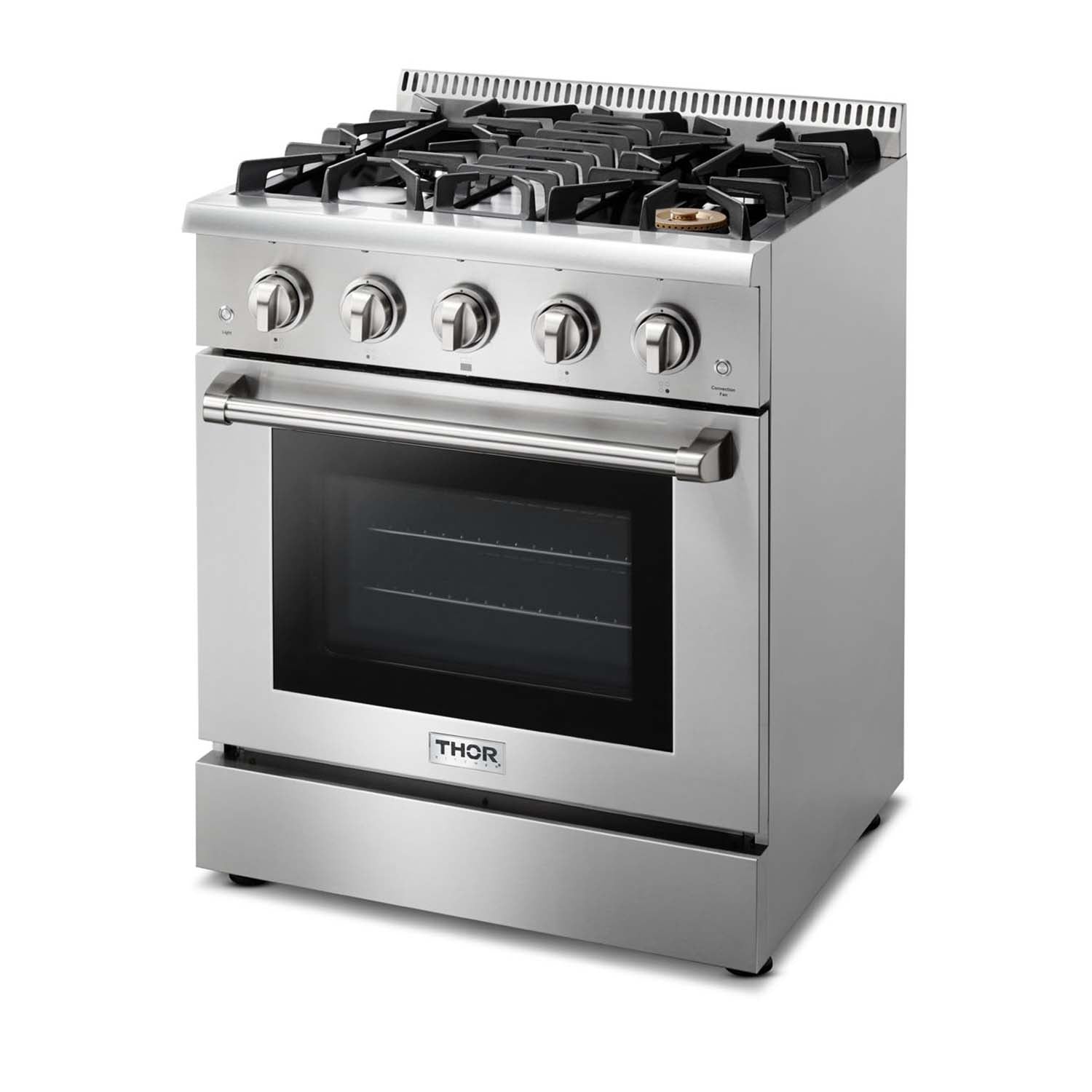 Stainless steel gas range three-quarter view with burner grates and oven door