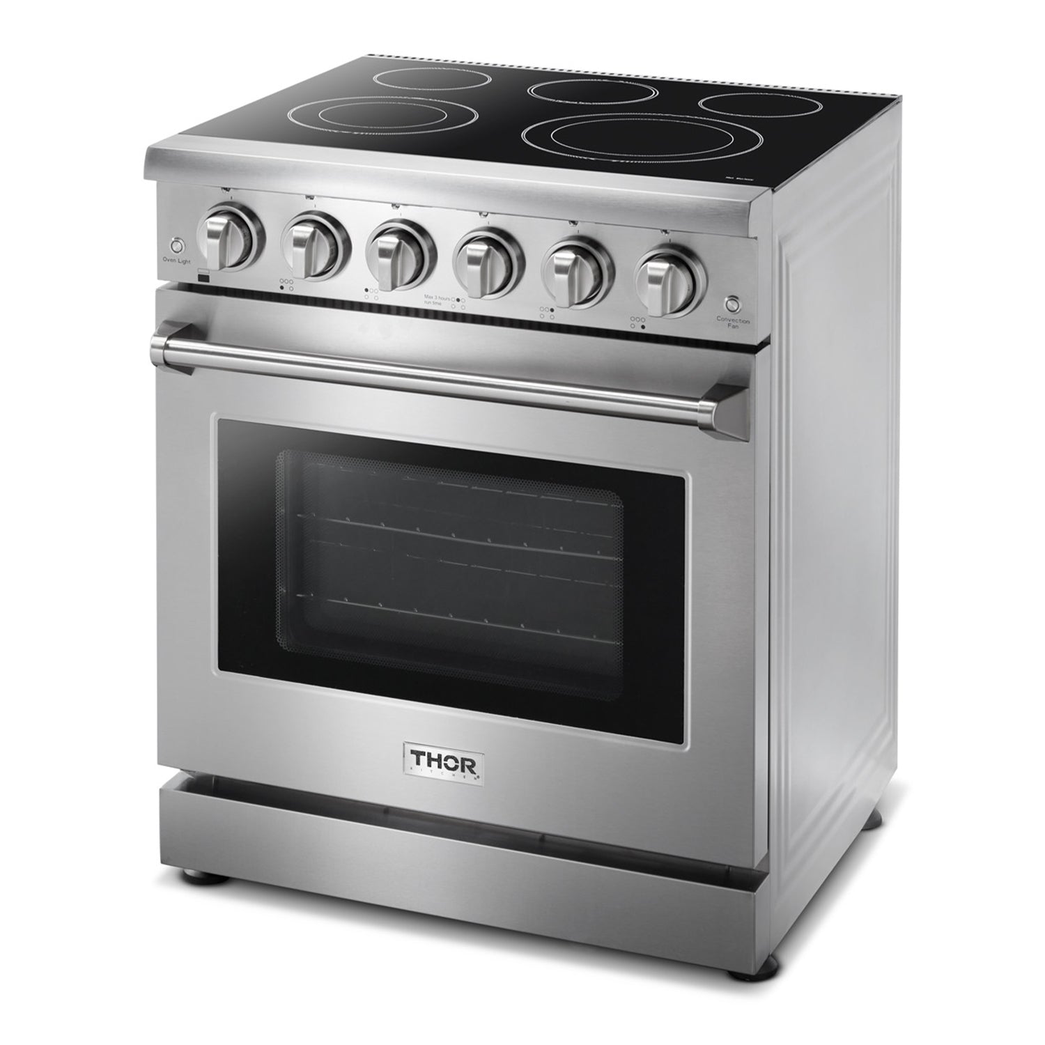 Stainless electric oven range with 4 ceramic cooktop burners and front control knobs
