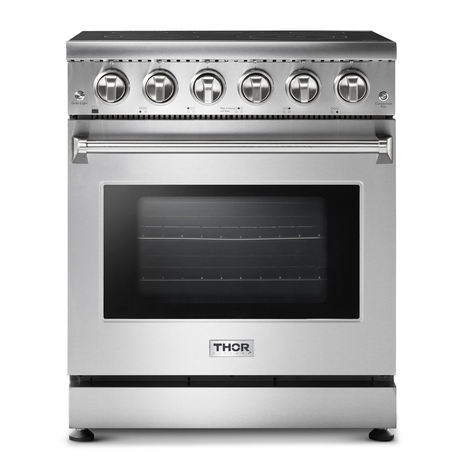 Stainless electric oven range front view with 6 control knobs and black oven window