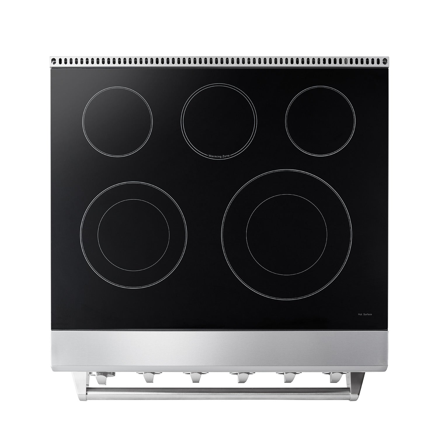 Stainless electric cooktop with five circular burner zones and smooth black surface