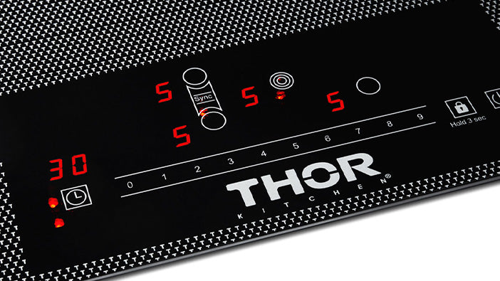 Thor electric cooktop with red LED displays, burner size icons, and control marks