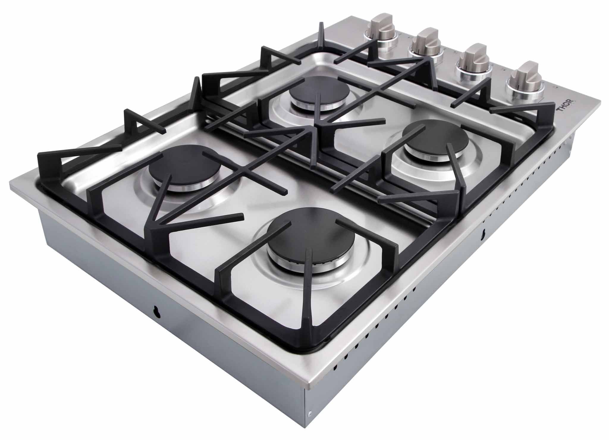 Stainless steel gas cooktop with four burners, black grates, and side control knobs