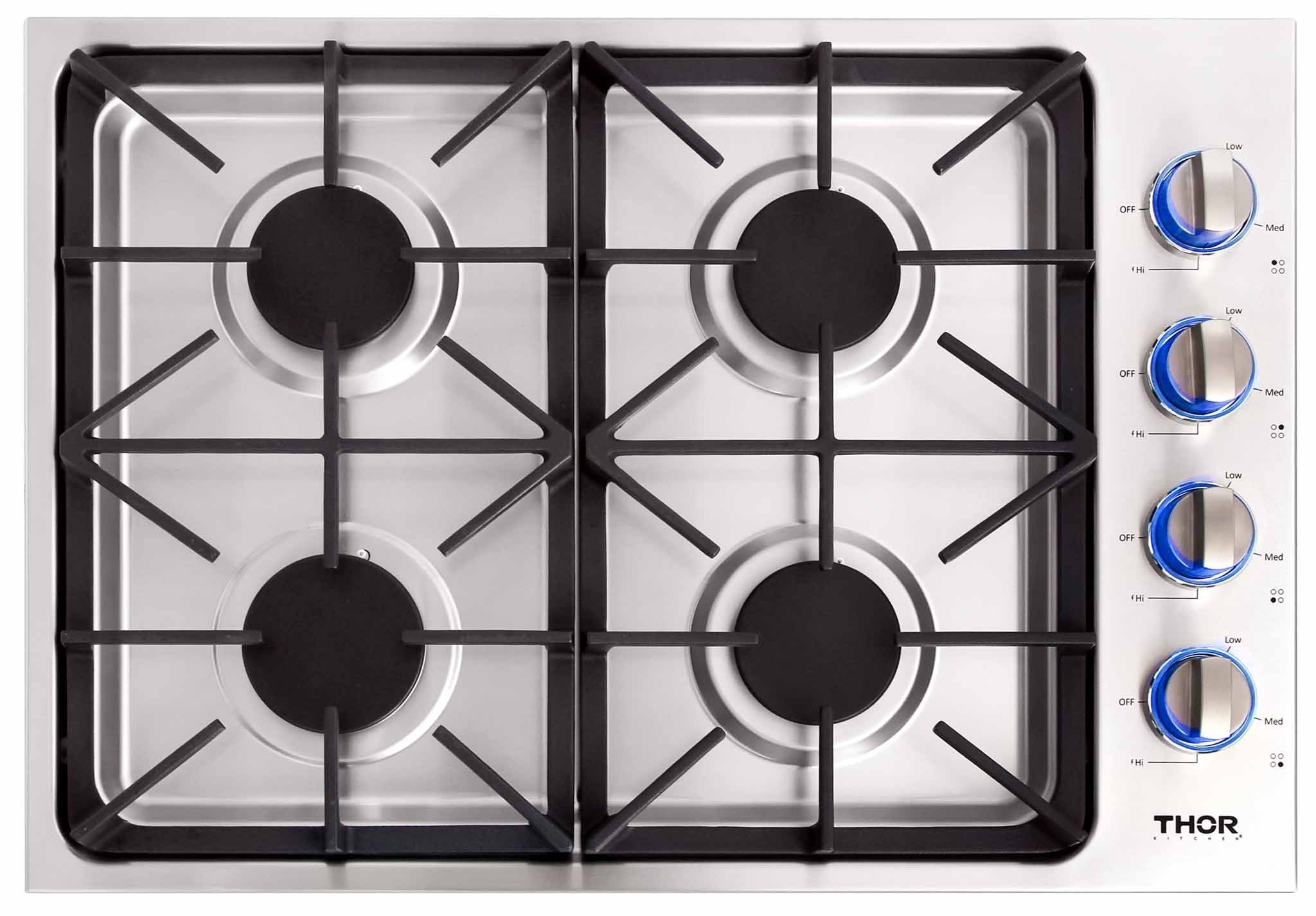 Stainless gas cooktop with four burners, black grates, and Thor branding on right