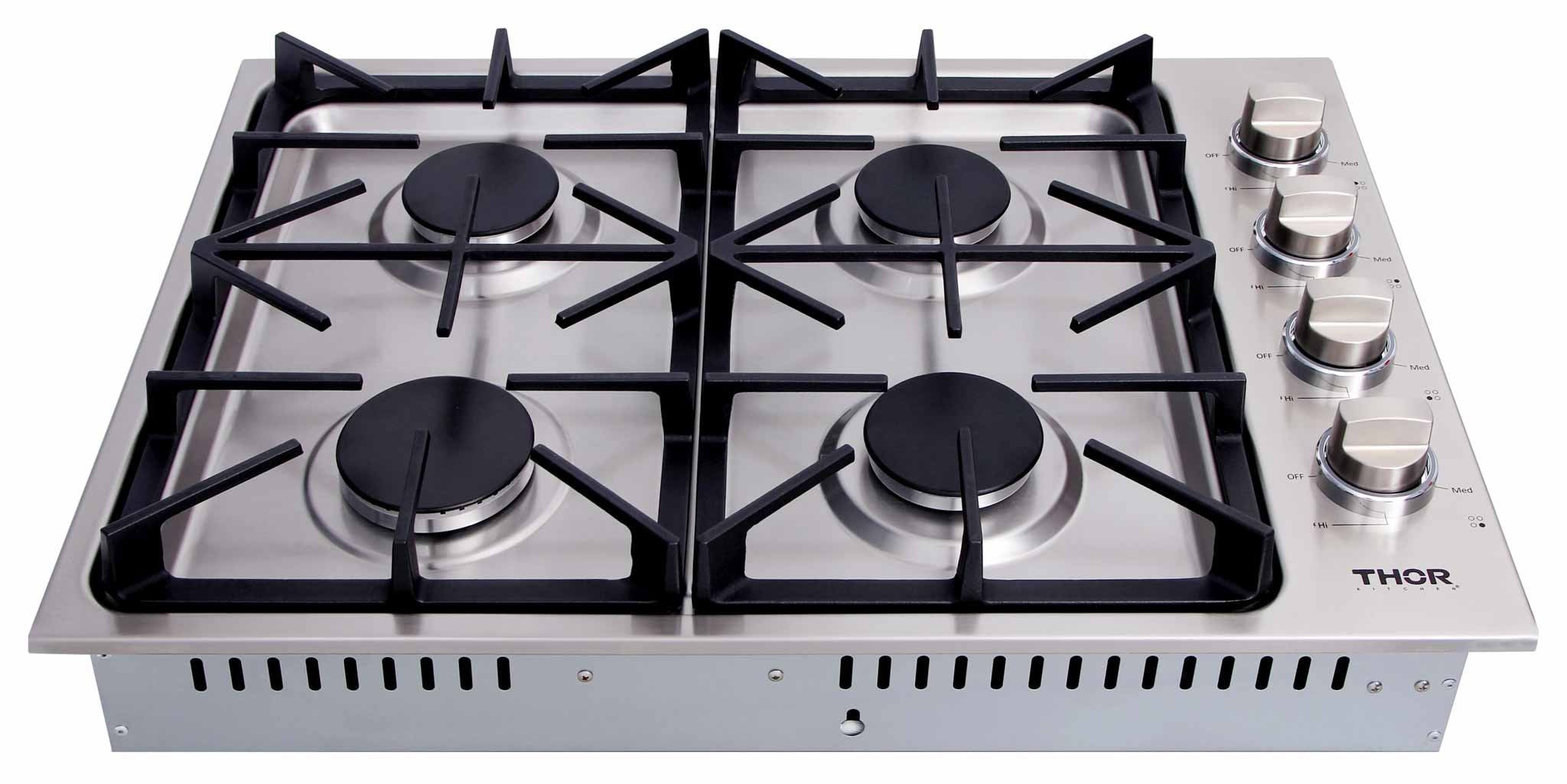 Top view of stainless gas cooktop with four burners and black cast-iron grates