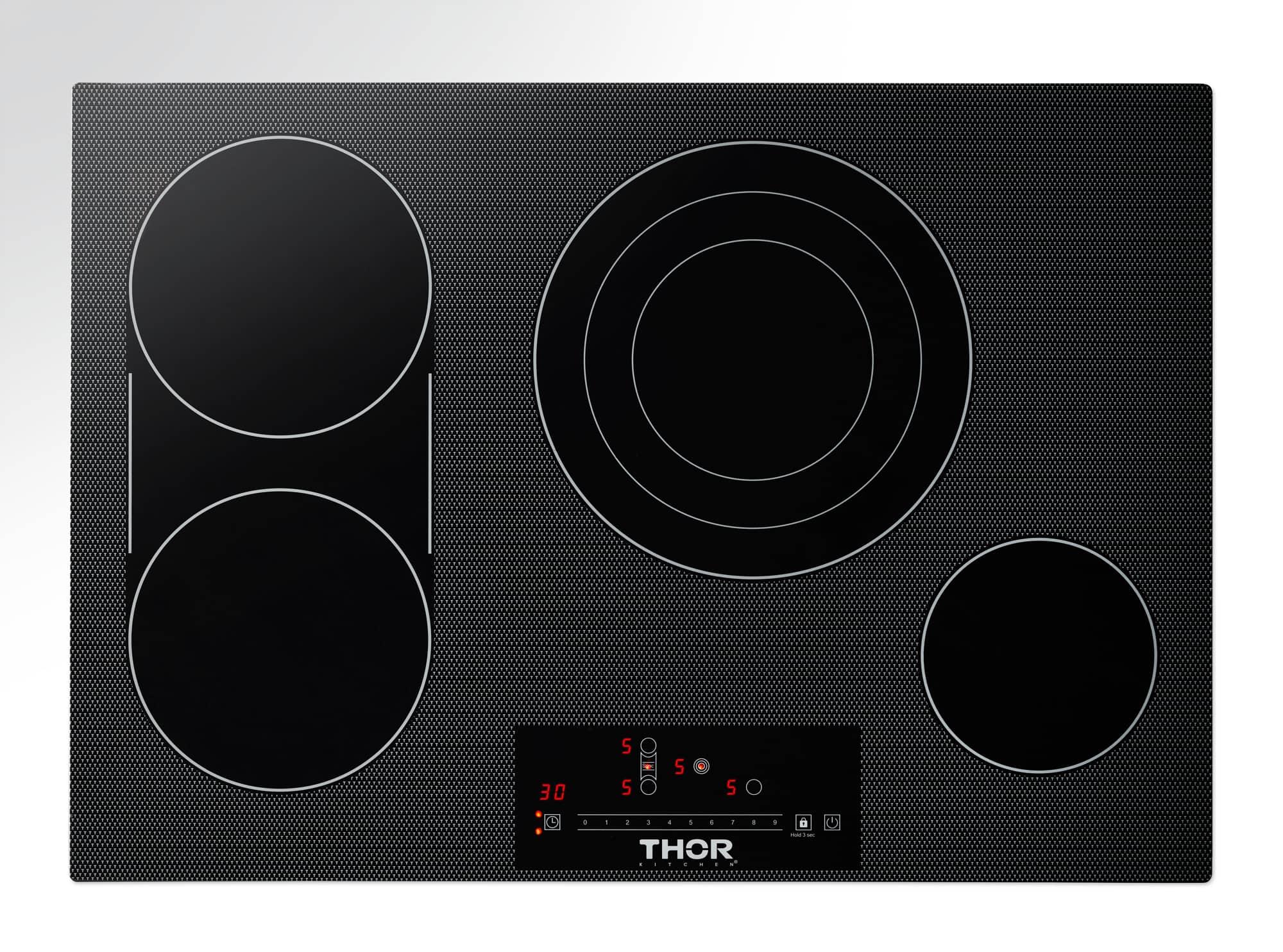 Black electric cooktop with four burners and LED control display area