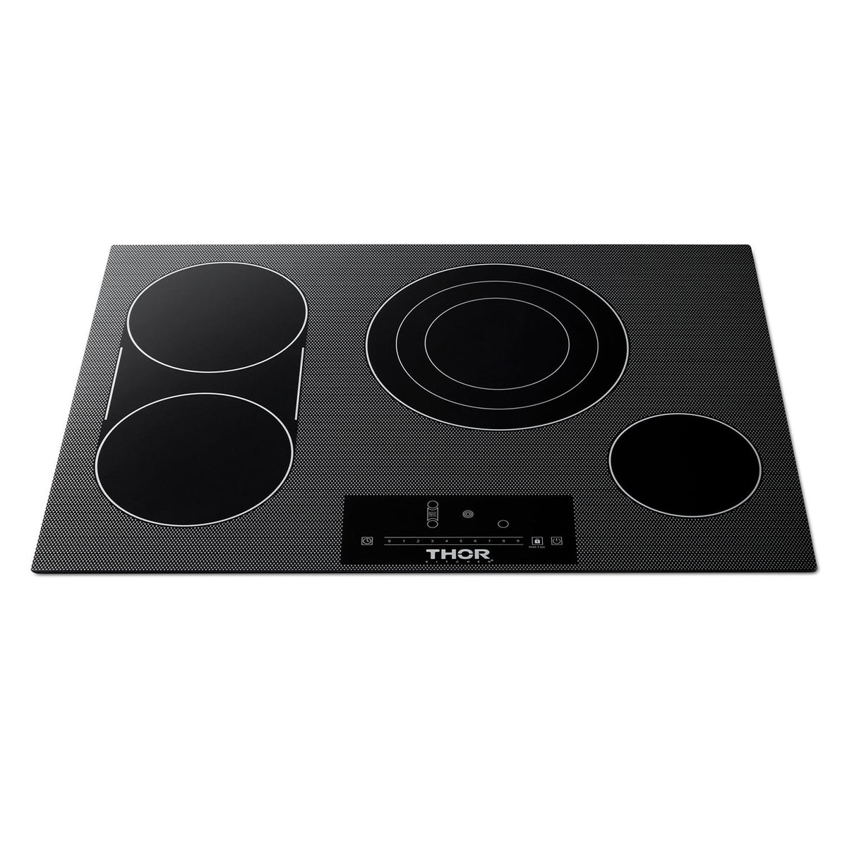 Black electric cooktop with four round burners and THOR-branded control strip
