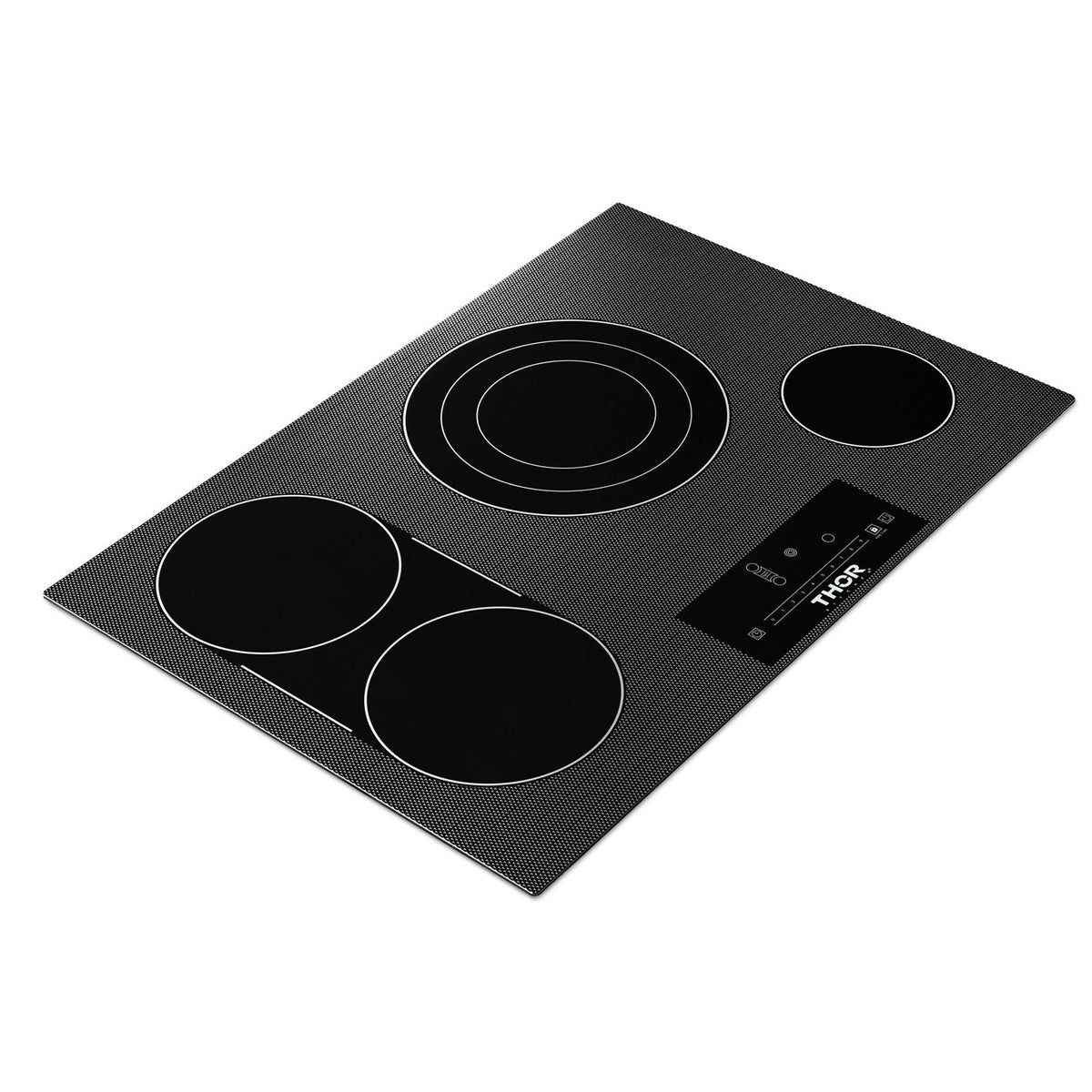 Black glass electric cooktop with four round burners and touch control panel