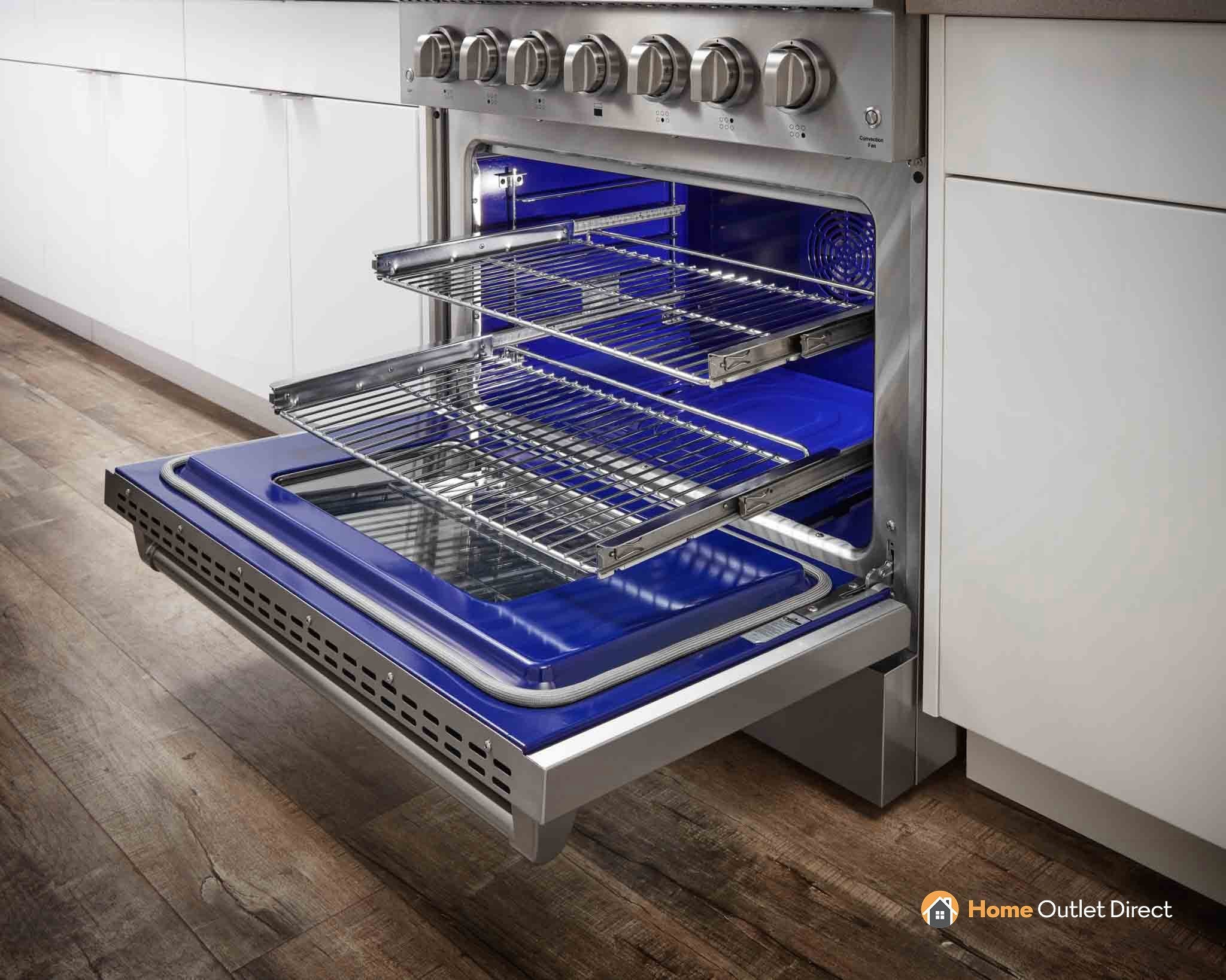 Telescopic oven rack system installed in open oven with blue liners