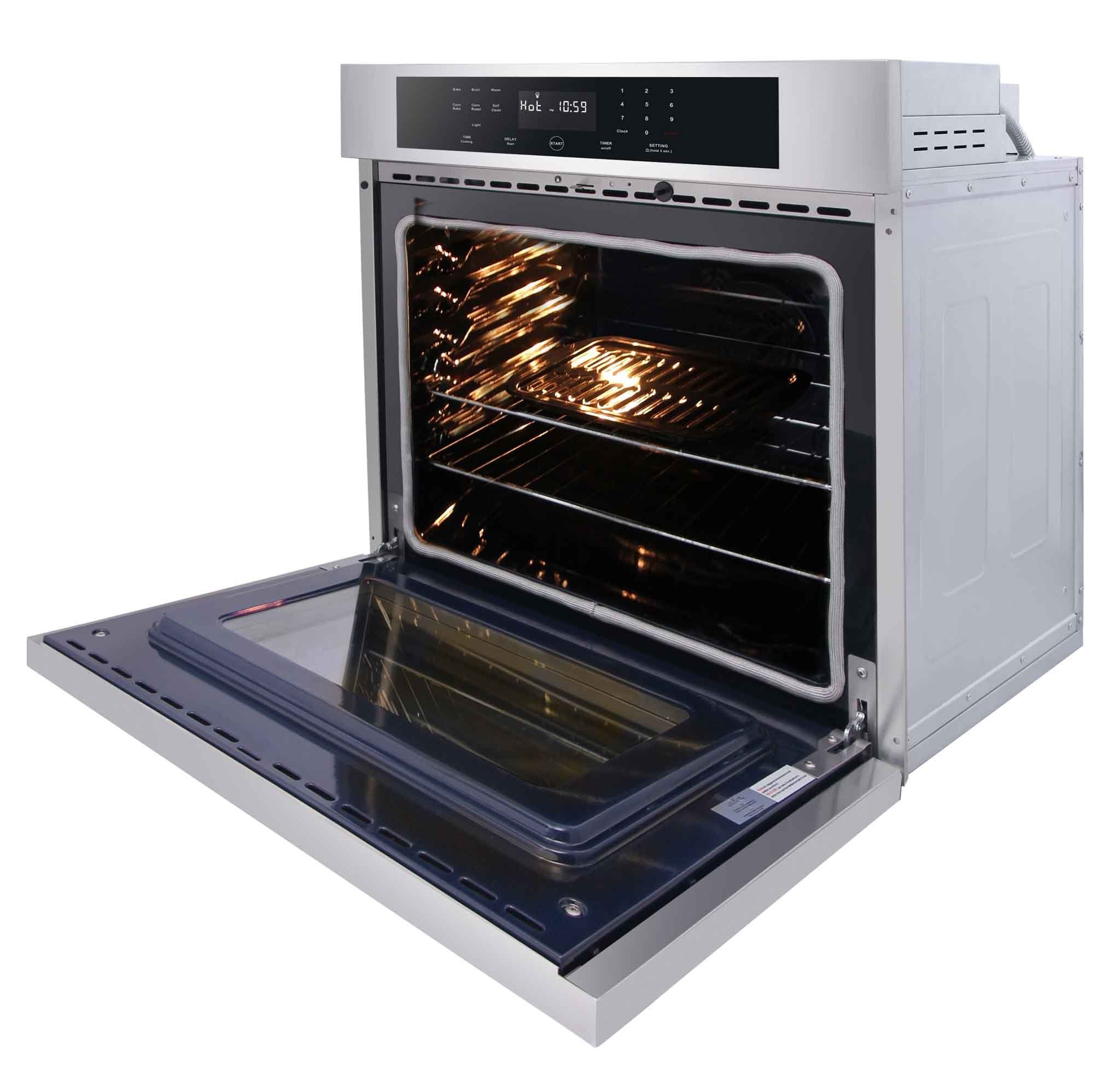 Stainless electric wall oven with open door, exposed hinge, and illuminated interior cavity