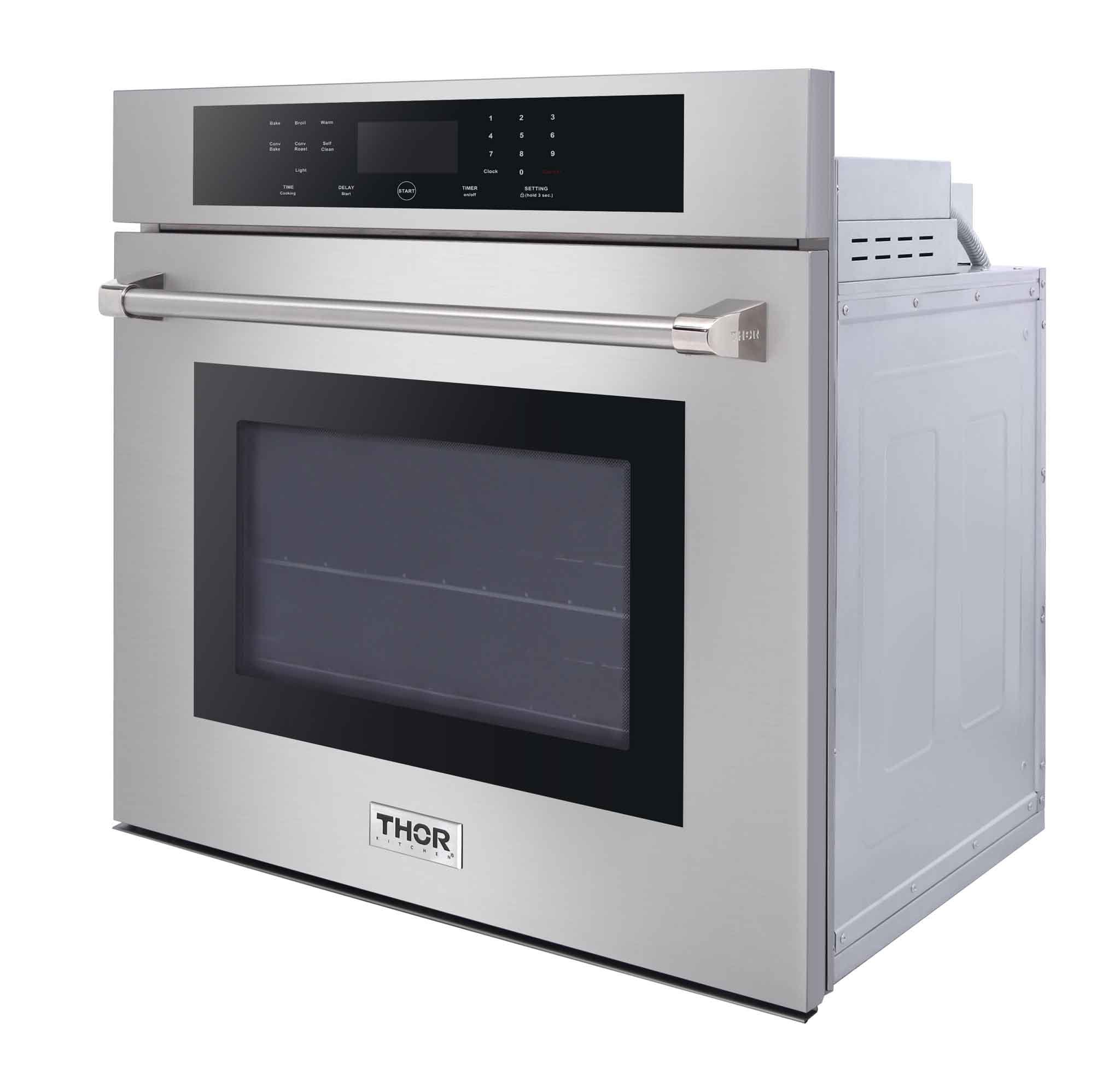 Stainless steel electric wall oven with black control panel and large viewing window, Thor