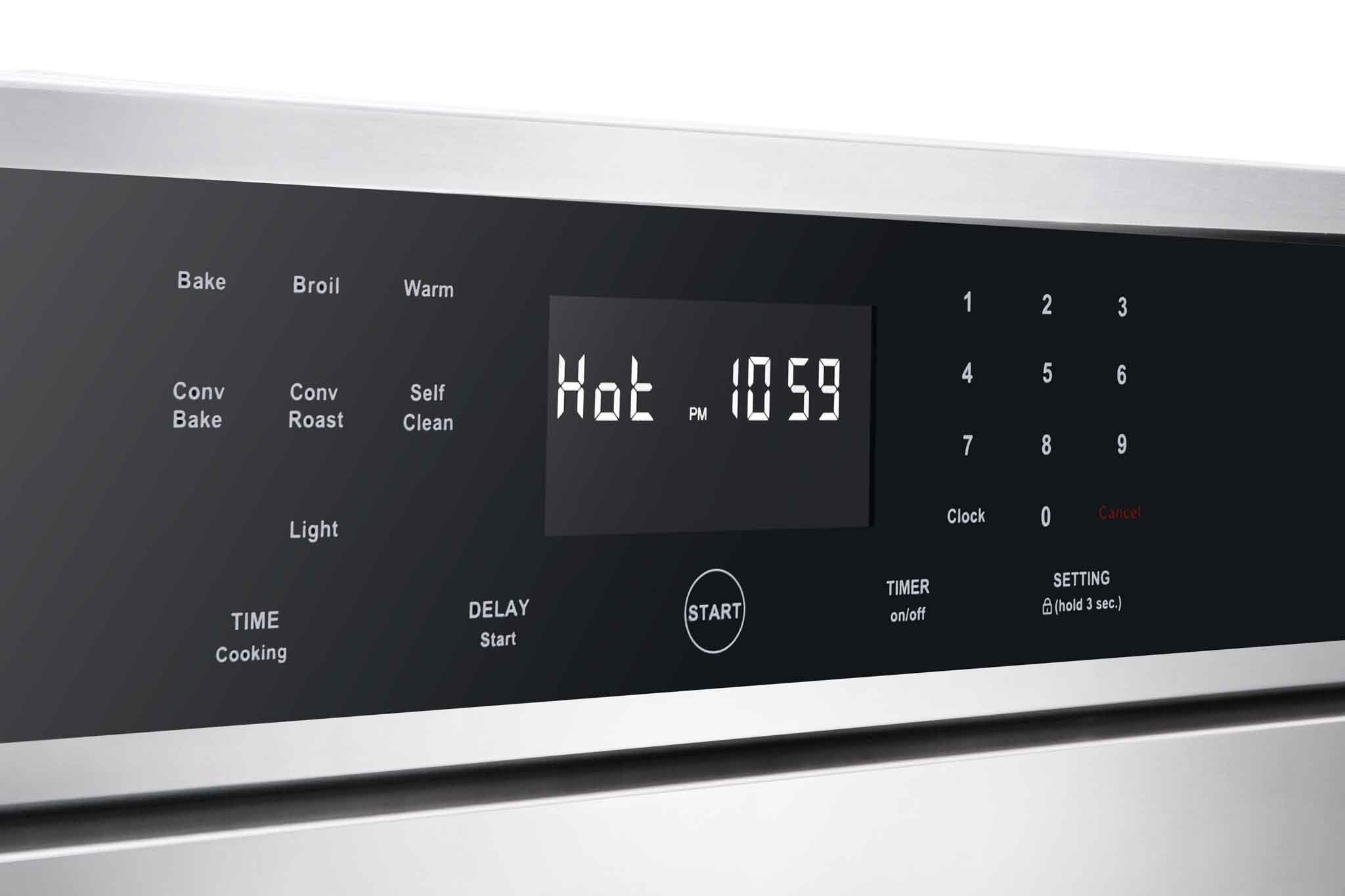Stainless electric wall oven control panel with digital display, keypad, and settings