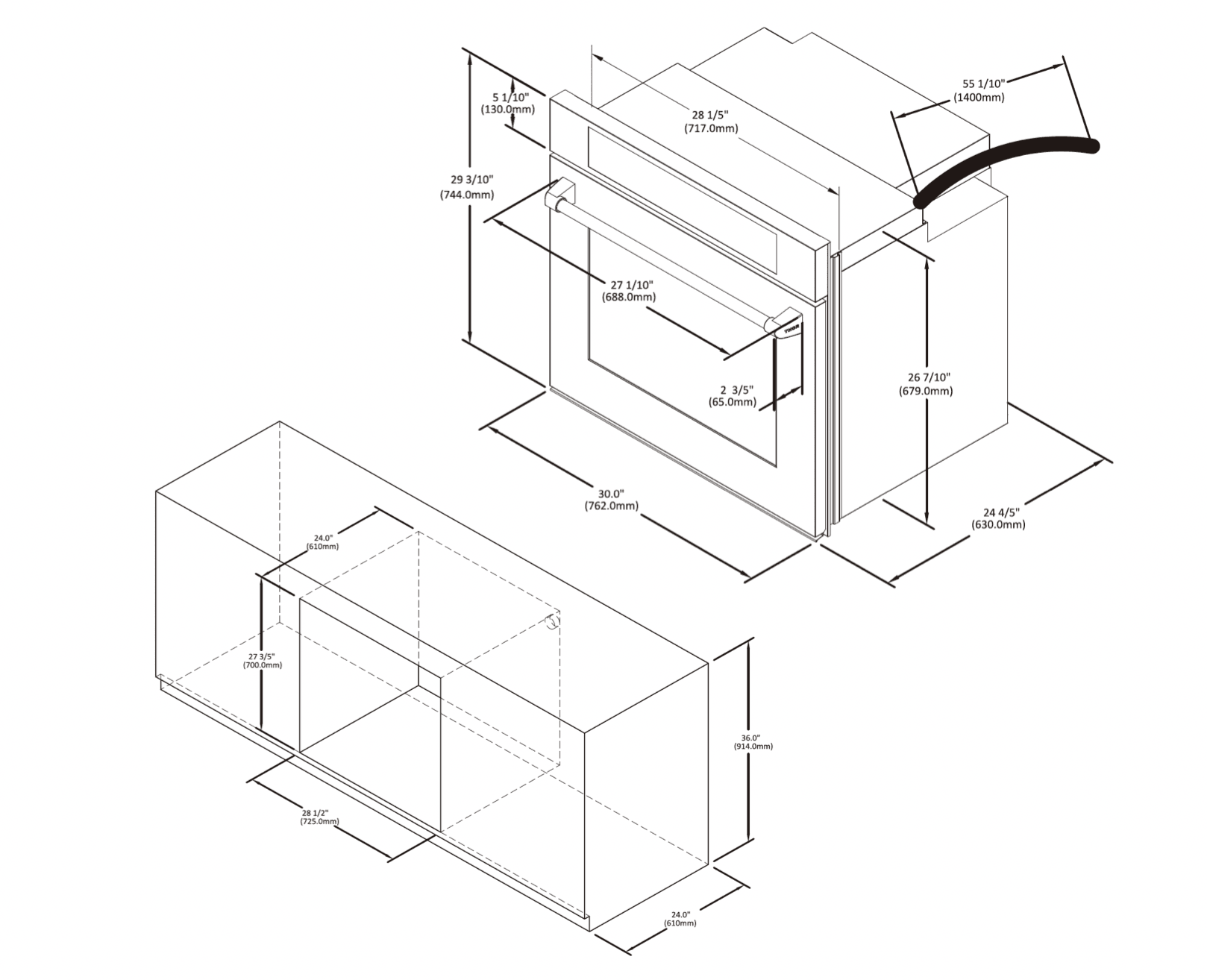 Electric wall oven installation diagram with dimensions and door opening view