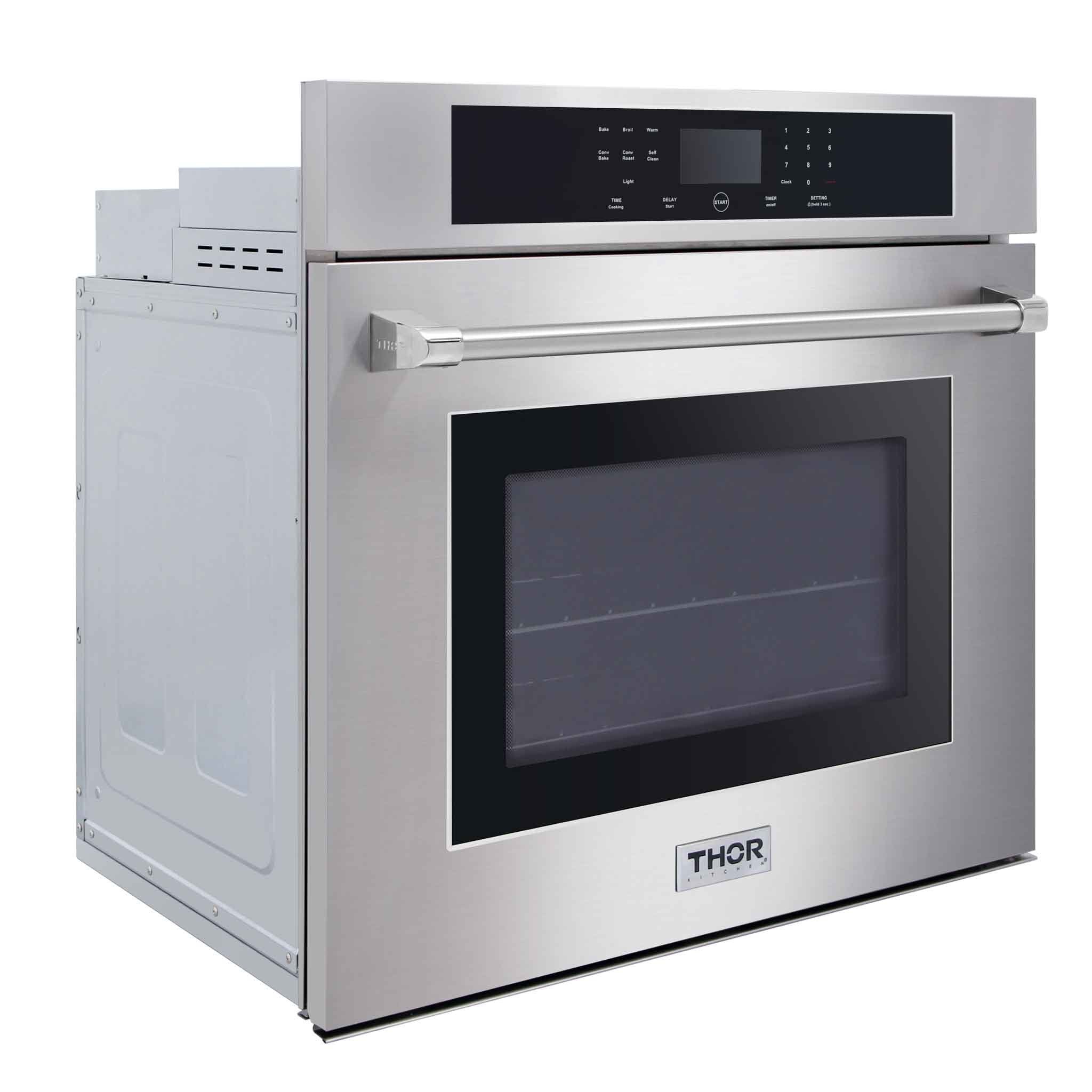 Stainless electric wall oven with glass door window and THOR logo on lower panel