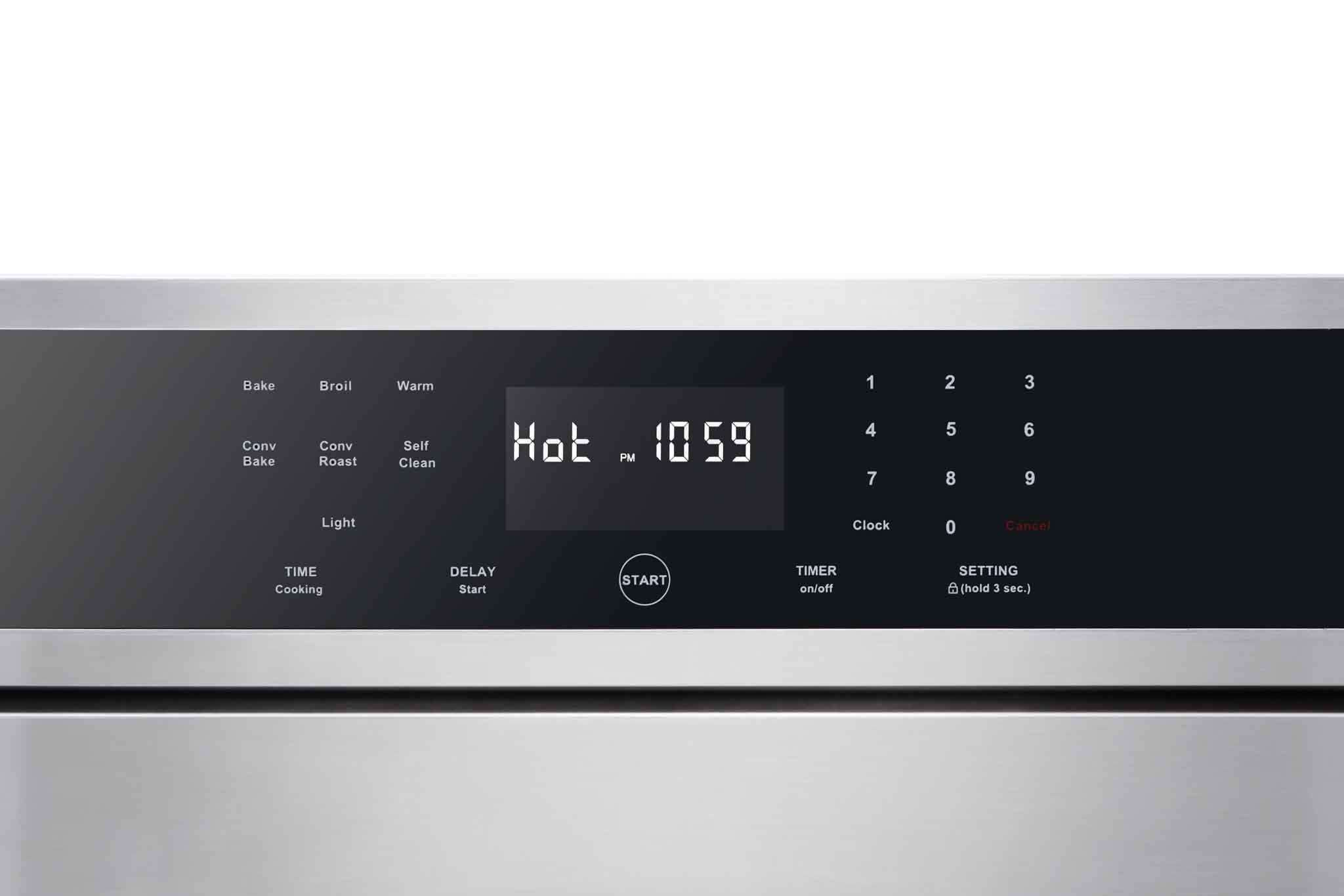 Stainless electric wall oven display with cooking options, clock, and settings controls