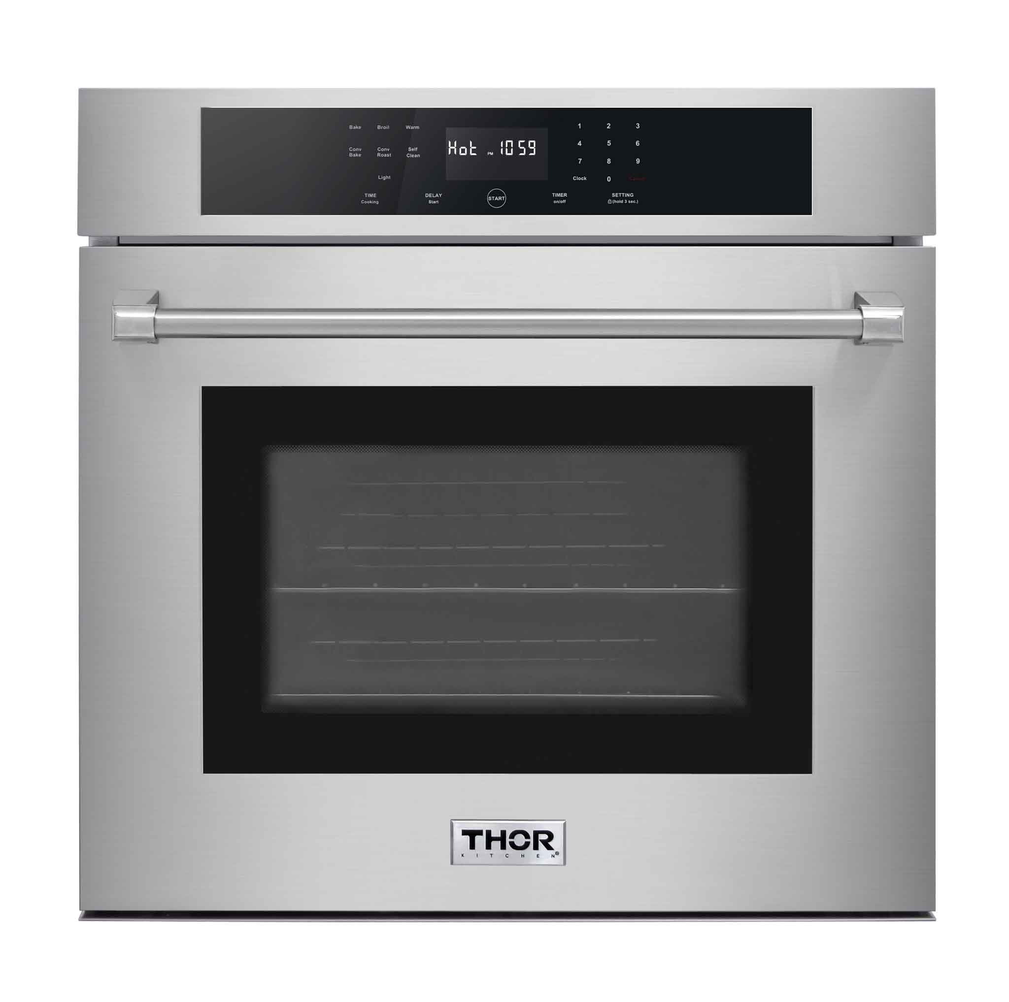 Stainless electric wall oven front view with dark glass window and top control panel