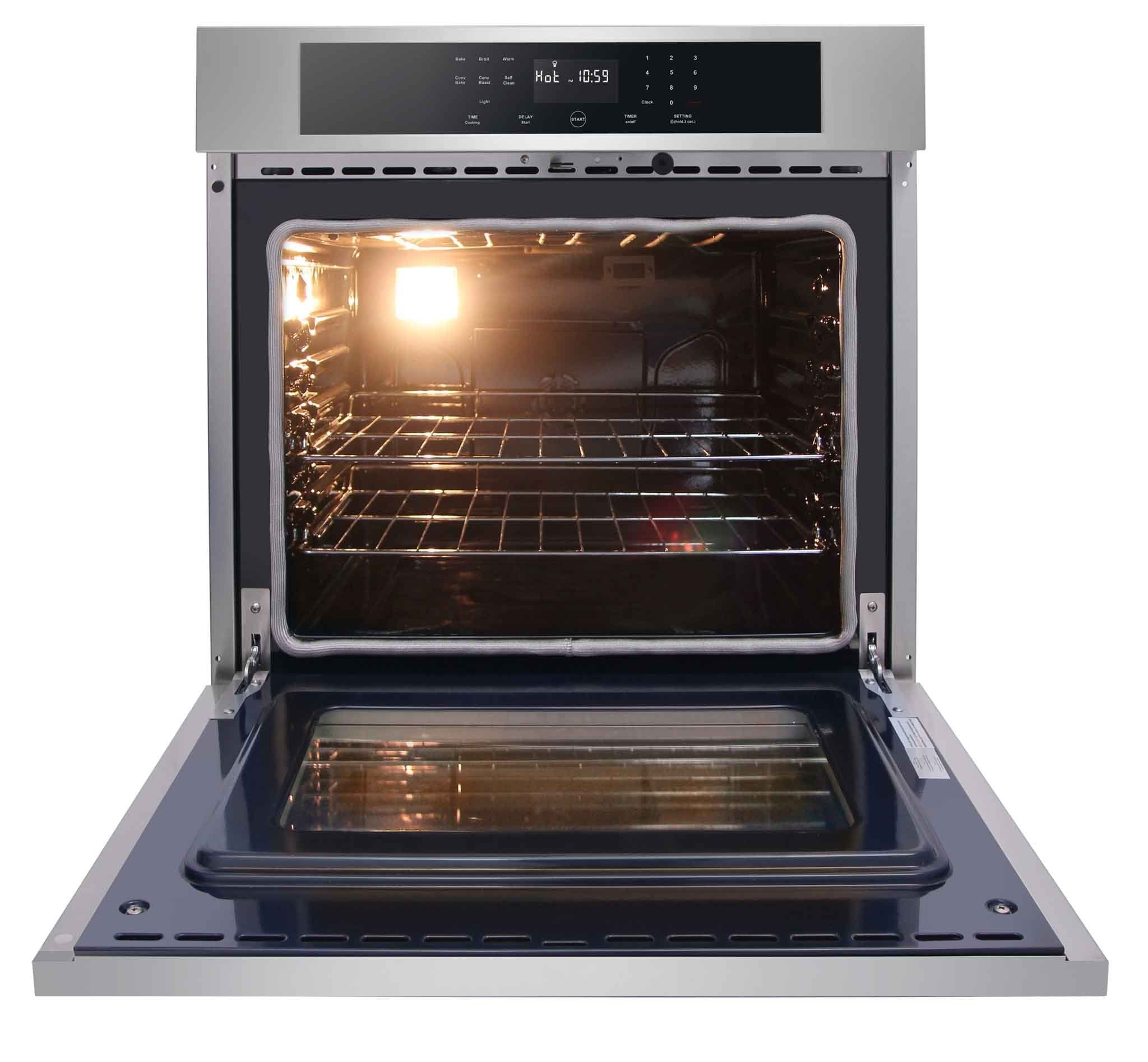 Stainless electric wall oven door open with illuminated interior oven cavity and racks