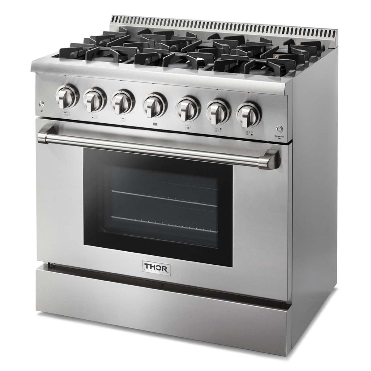 Stainless steel dual fuel range front with six control knobs and closed oven door