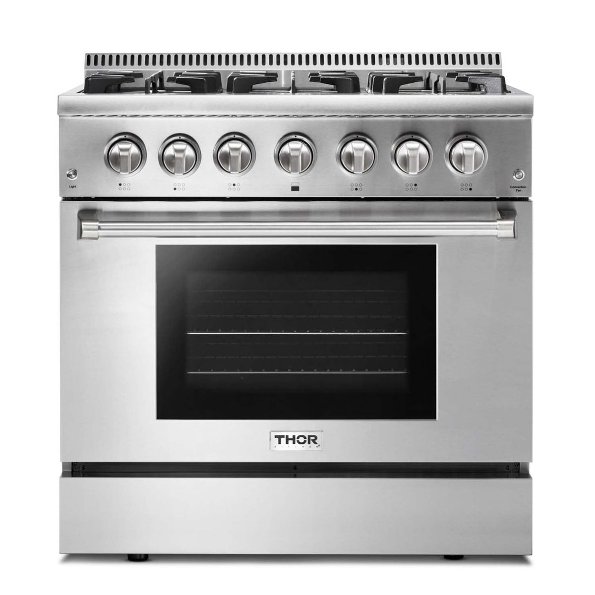 Stainless steel dual fuel range with closed oven door and front control knobs