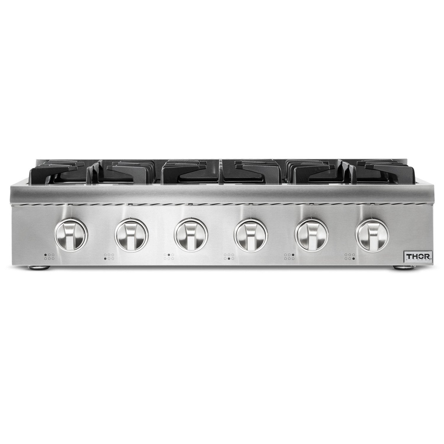 Stainless steel 6-burner gas cooktop with six front control knobs and black grates