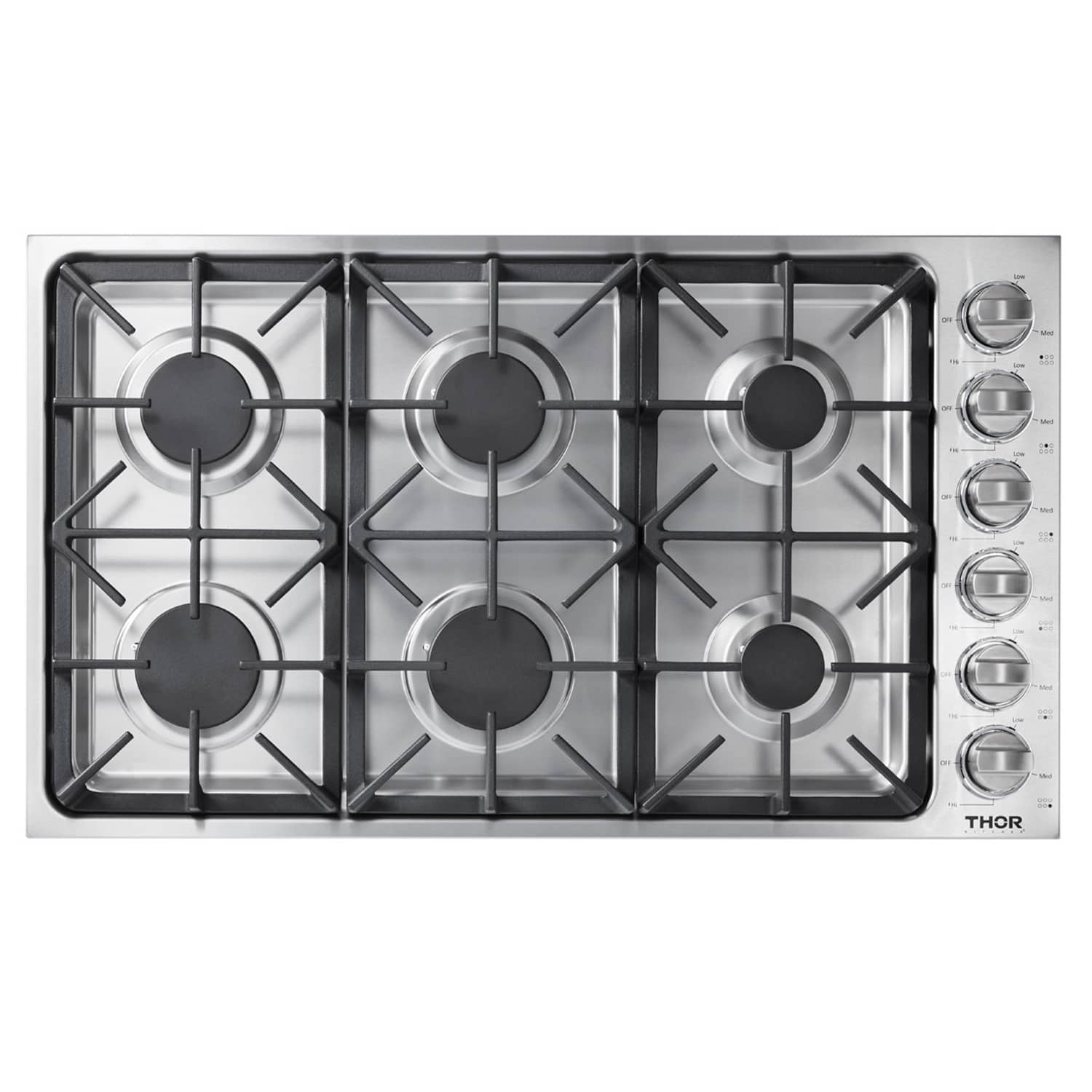 Stainless steel 6-burner gas cooktop with black cast-iron grates and control knobs