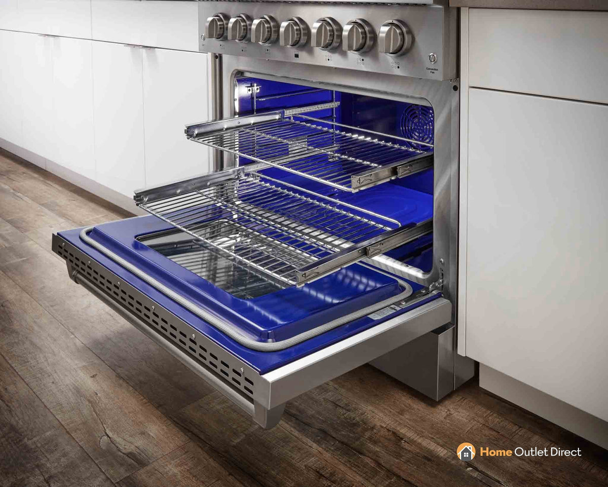 36-inch telescopic oven rack assembly extended from stainless oven front