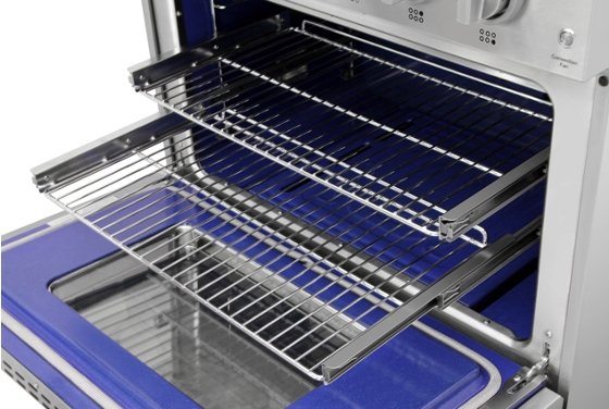 Telescopic wire oven rack with multiple shelves, extended for easy loading