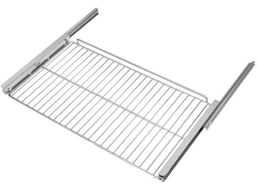 Wire telescopic oven rack with rectangular frame and two extended end supports