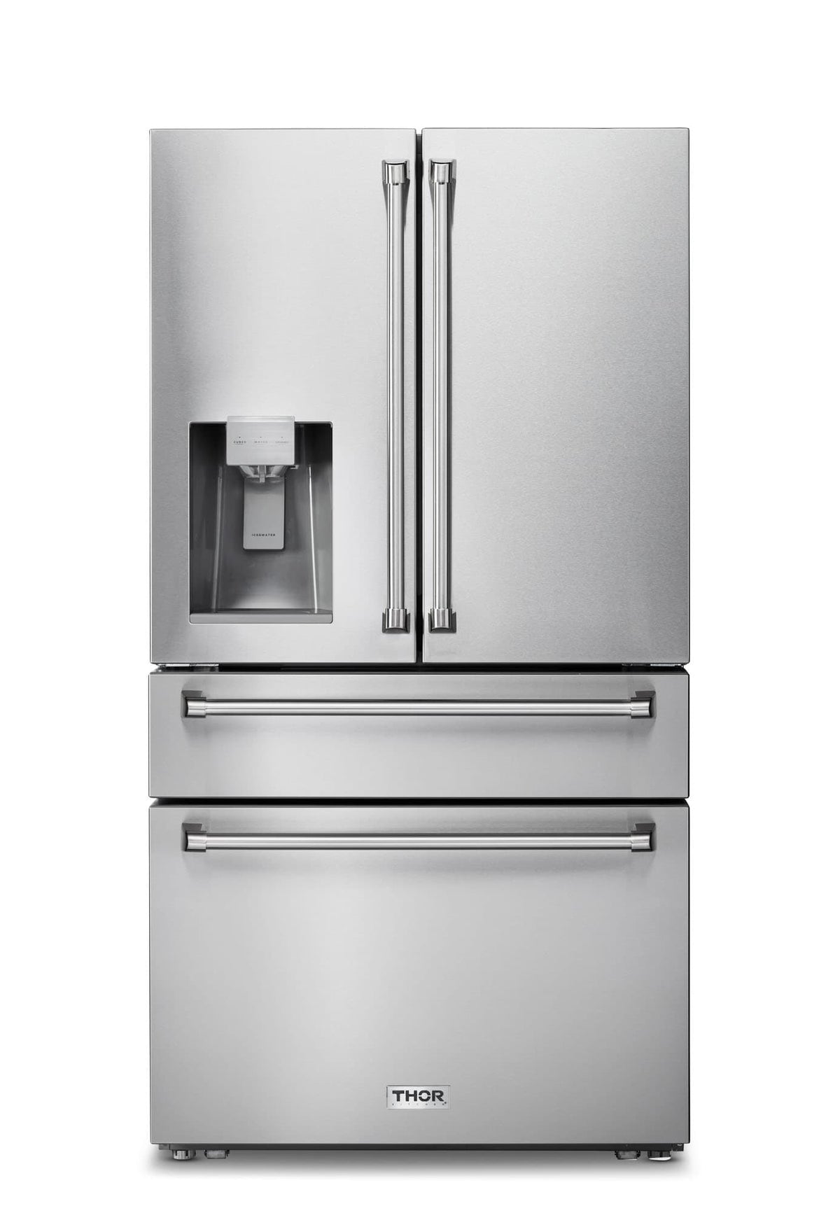 Stainless steel refrigerator with top freezer and built-in water dispenser, side-by-side doors