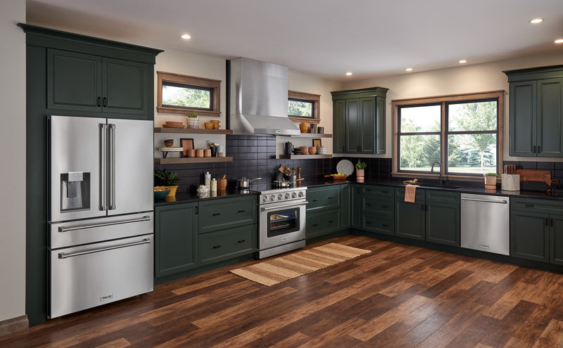 Thor Kitchen A-Series 4-Piece Appliance Package - 48-Inch Gas Range, Under Cabinet Range Hood, Refrigerator with Water Dispenser, and Dishwasher in Stainless Steel